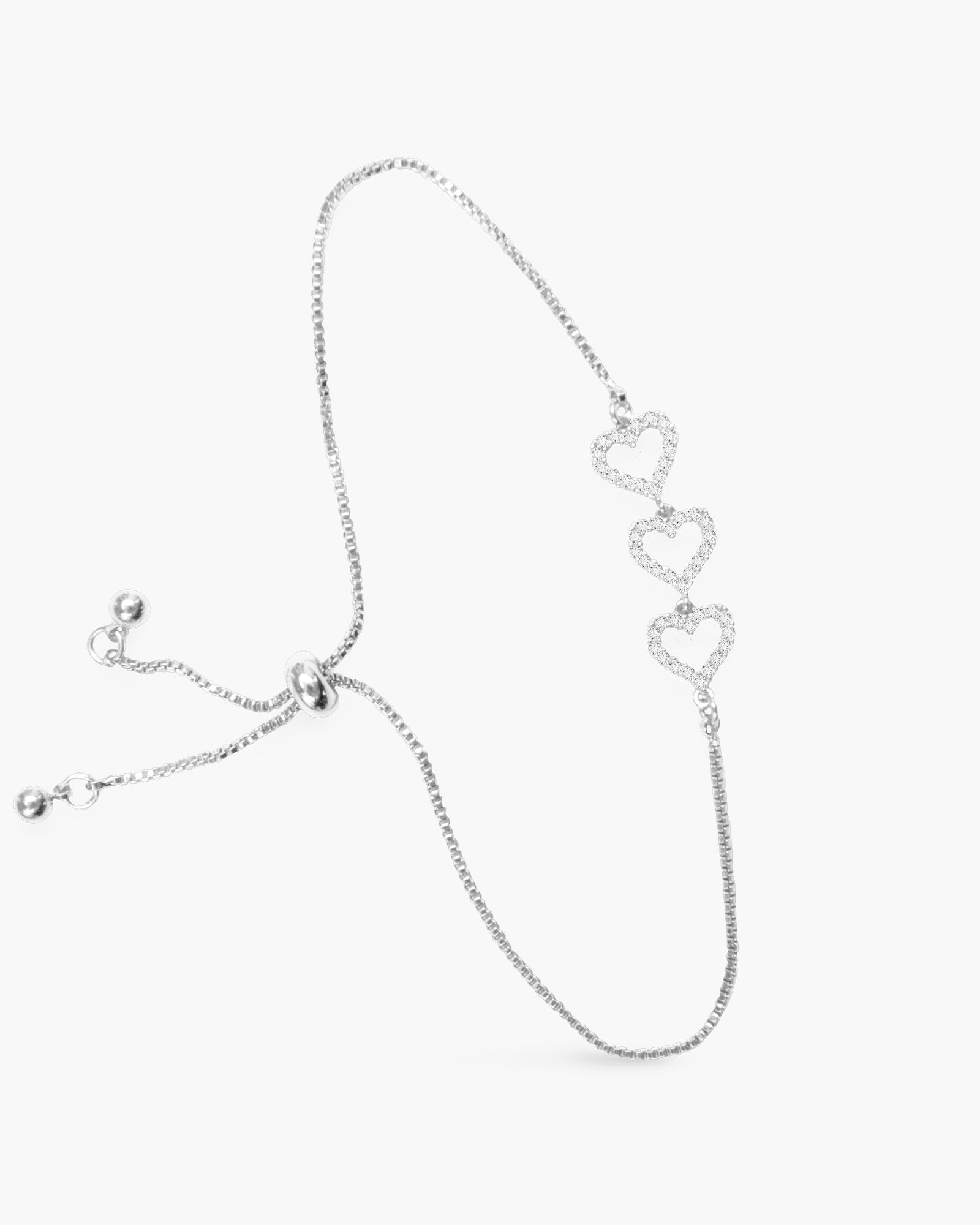 Triple Heart CZ Pull Cord Bracelet - Silver