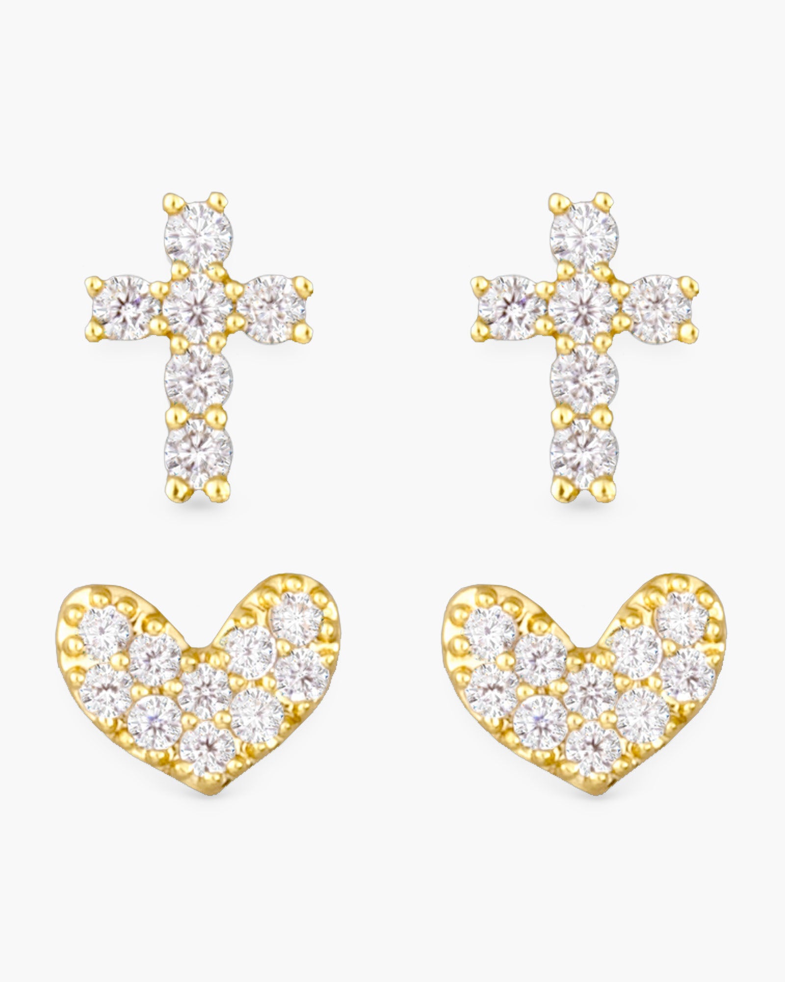 Pave Cross and Heart Duo Earring Set - Gold