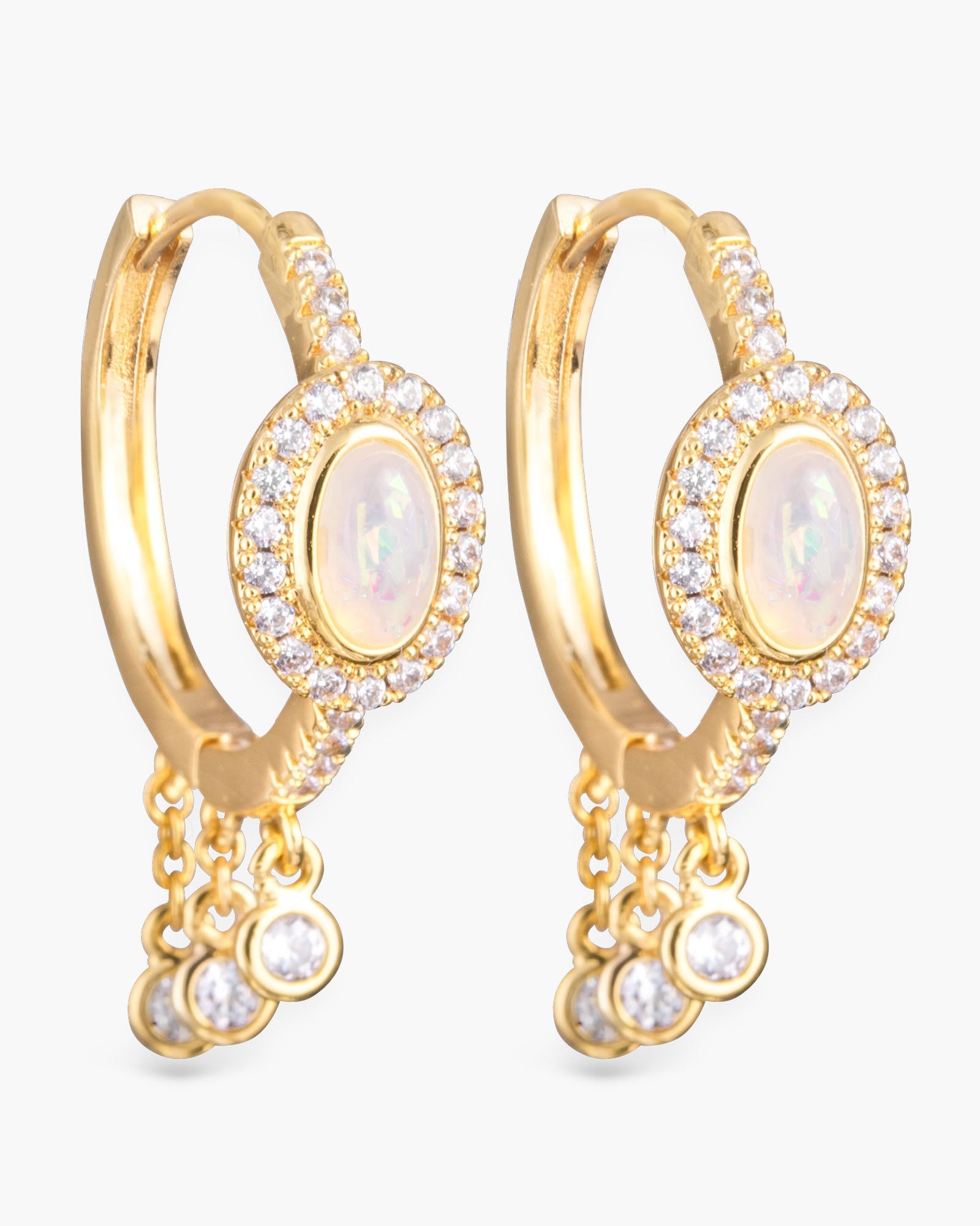CZ and Oval Opal Huggie with CZ Droplets - Gold