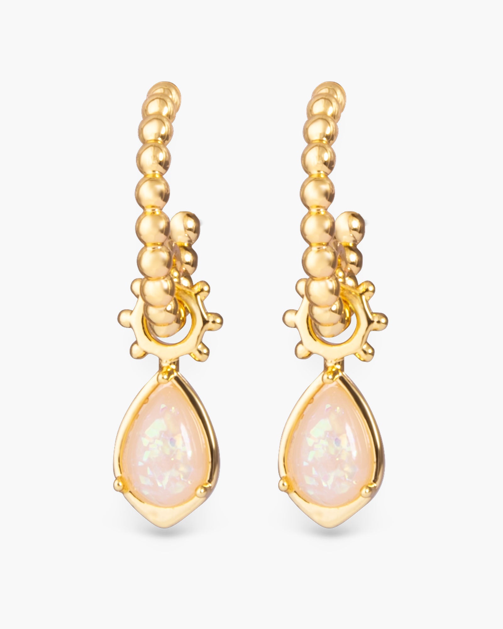 Gold Bead Huggie with Pear Shaped Opal Droplet - Gold