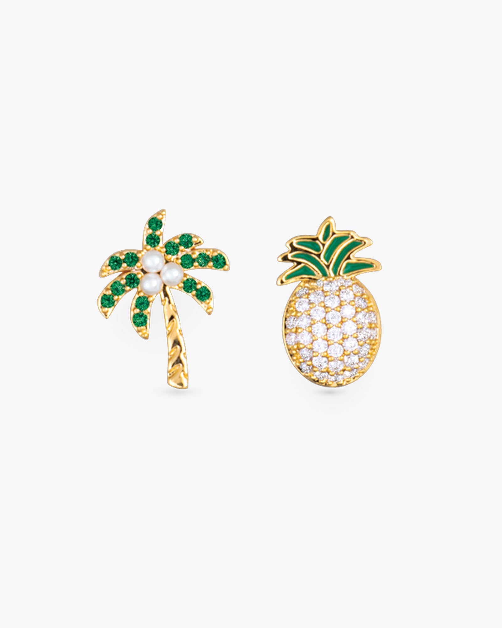 Pineapple and Palm Tree CZ Post Earrings - Gold