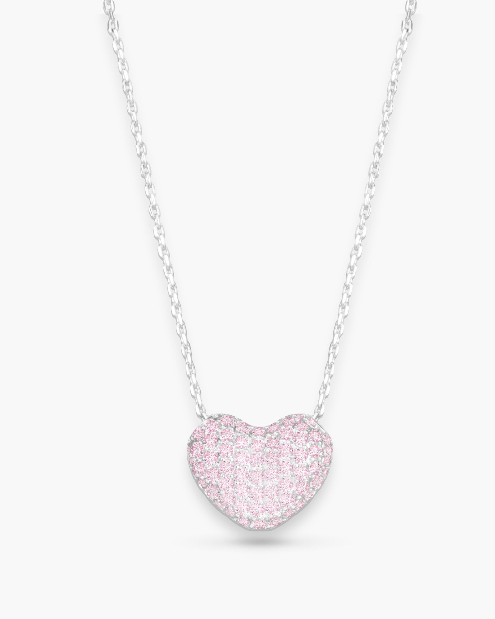 Pink Pave Puff Heart Necklace - Silver
