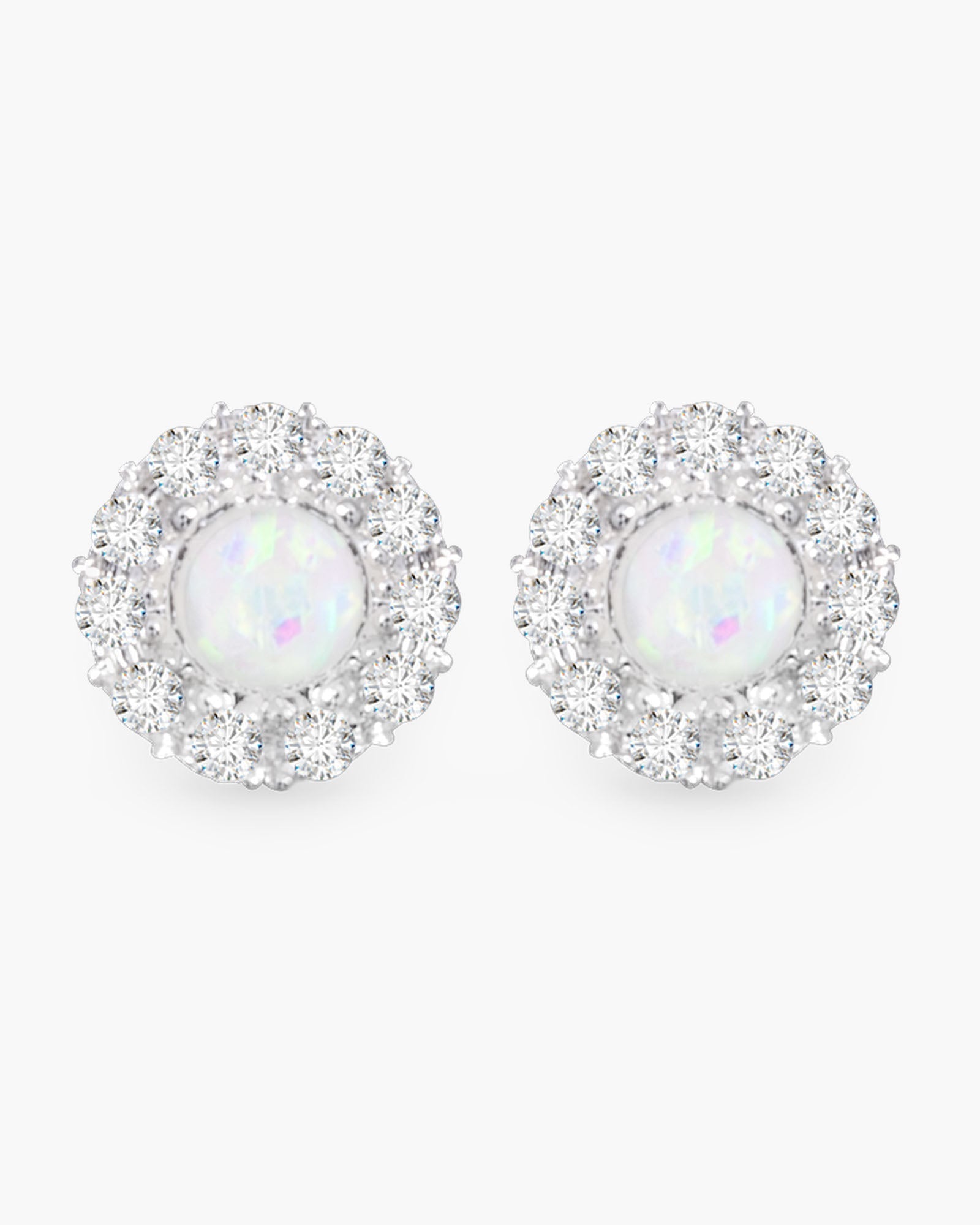 Small CZ and Opal Round Stud Earrings - Silver