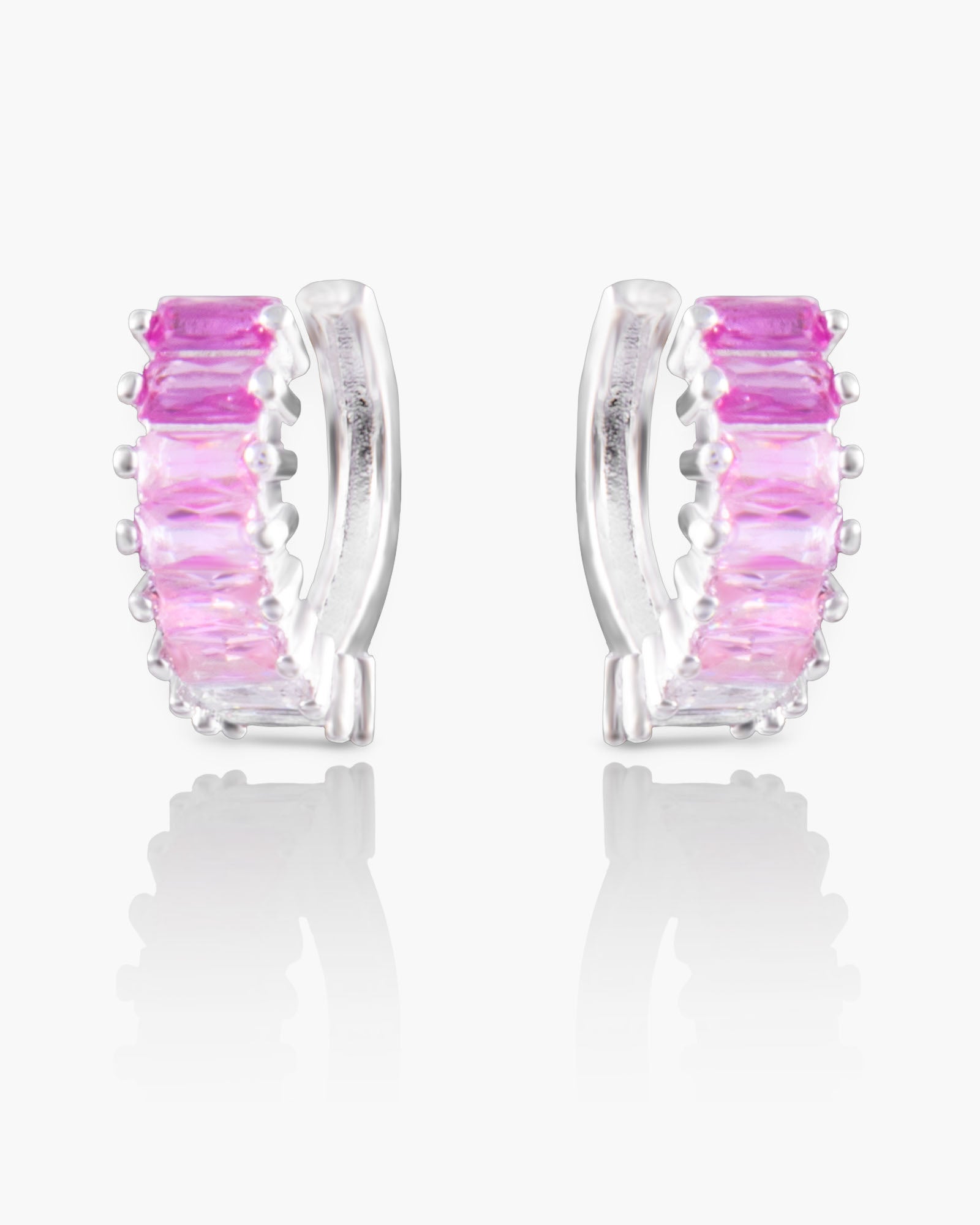 Silver Pink Ombre Baguette CZ Huggie Earrings - Silver