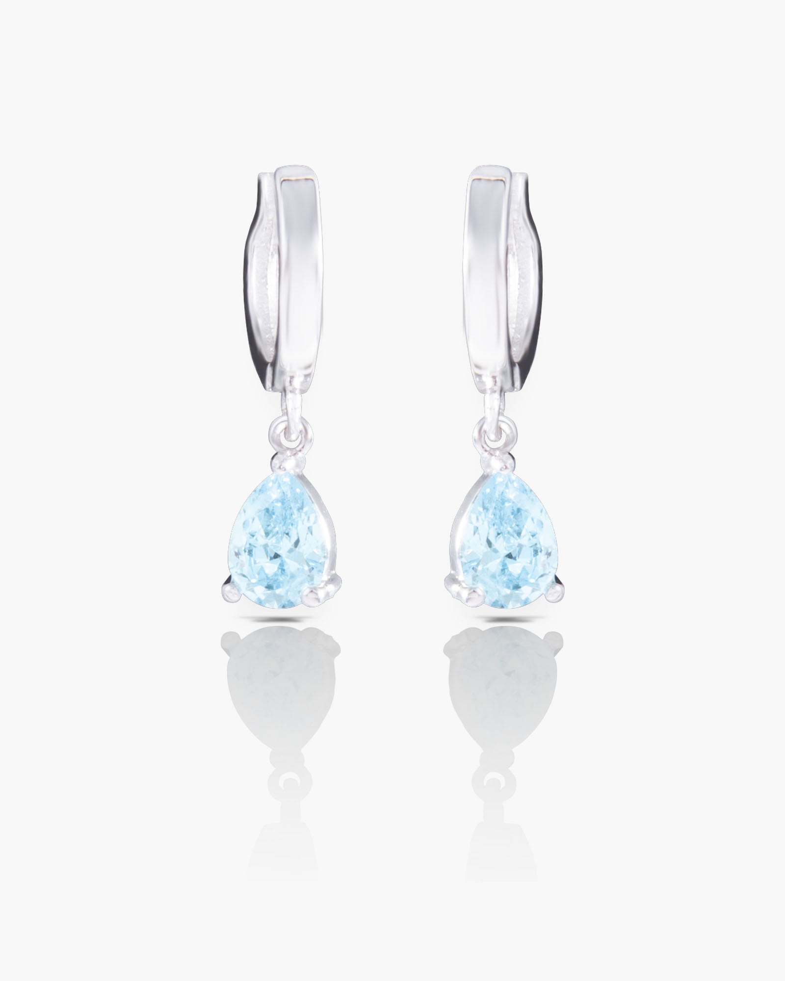 Silver Aquamarine CZ Pear Drop Huggie Earrings