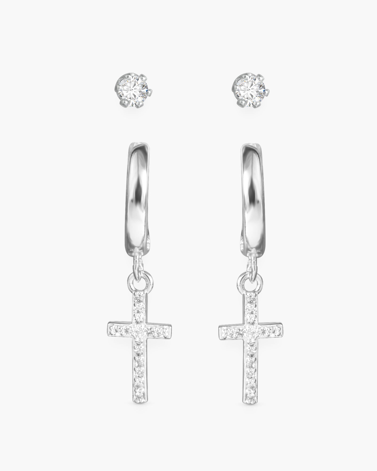 Cross CZ Huggie and CZ Stud Duo Earrings - Silver