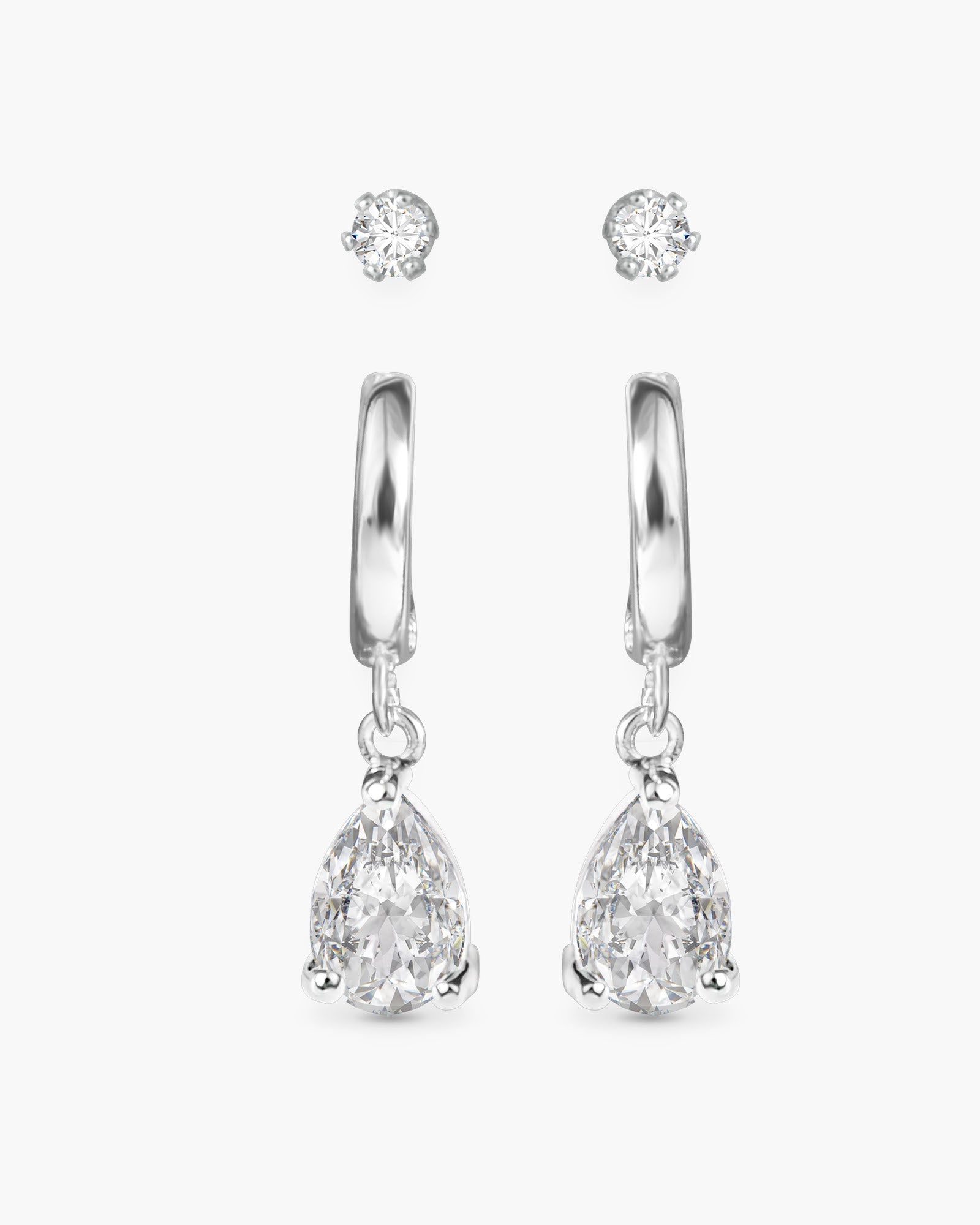 Pear CZ Huggie and CZ Stud Duo Earrings - Silver