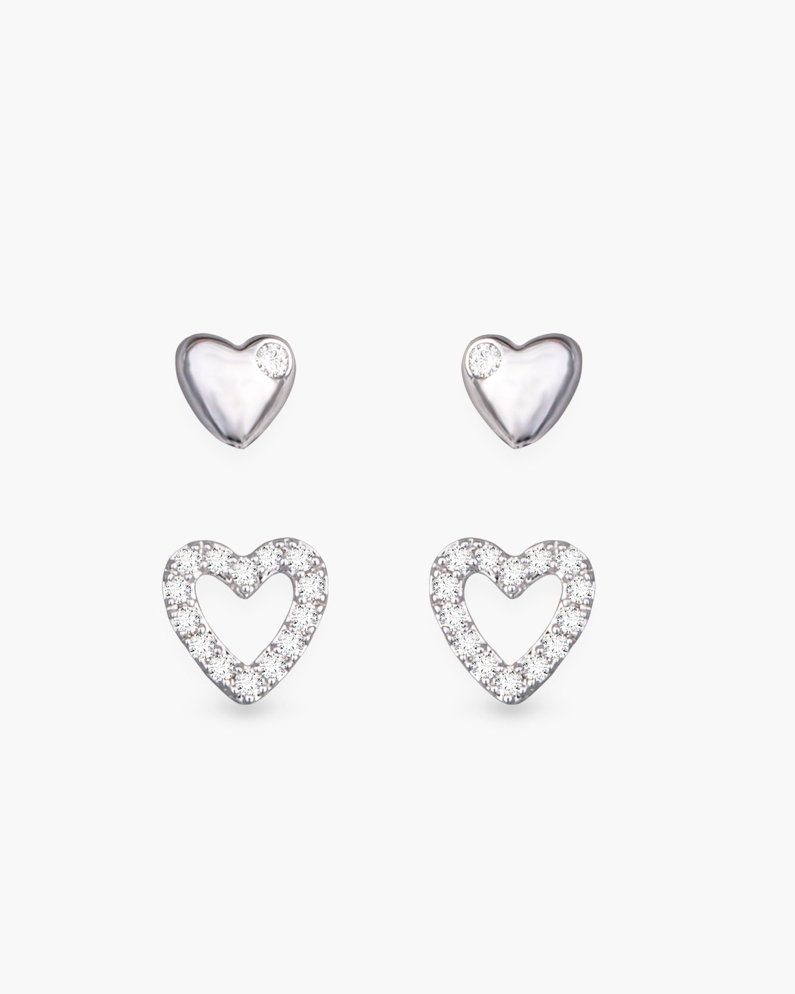 Mini Heart and CZ Open Heart Duo Earrings - Silver