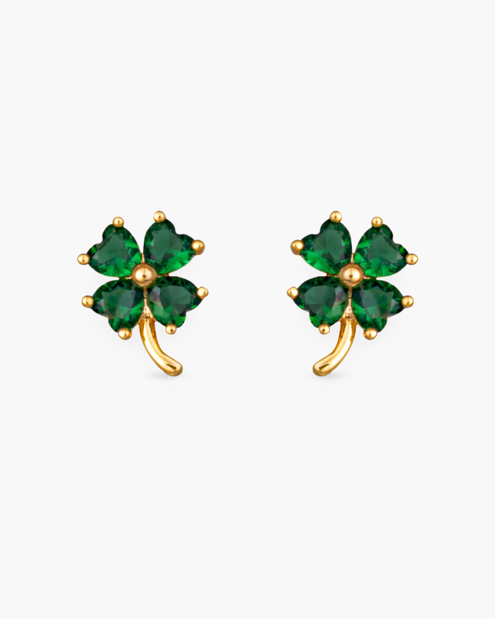 Gold Green CZ 4 Leaf Clover Earrings
