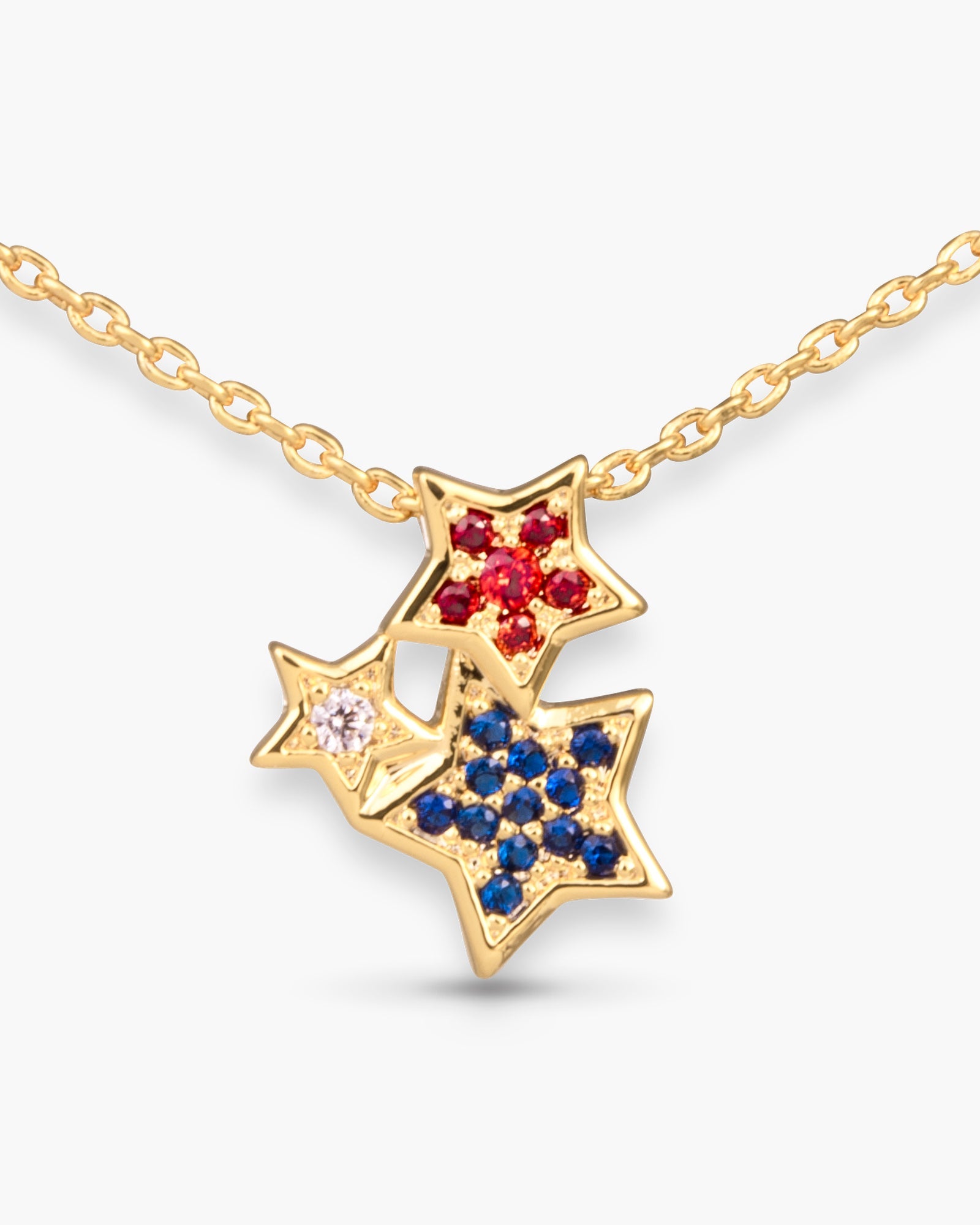 Gold Red White Blue Crystal Trio Stars Necklace | 4th of July Jewelry