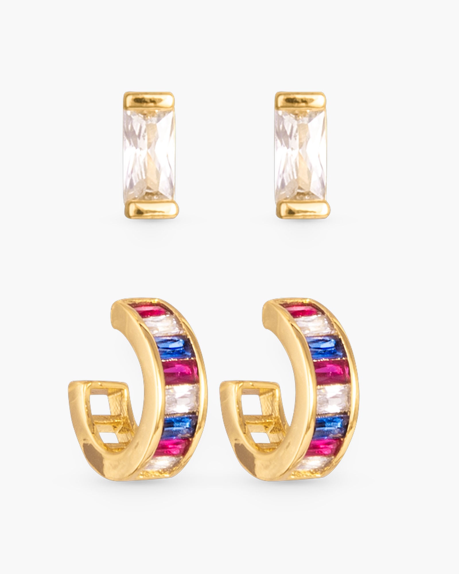 Gold Red White Blue CZ Baguette Hoop & Stud Duo Earrings | 4th of July Jewelry