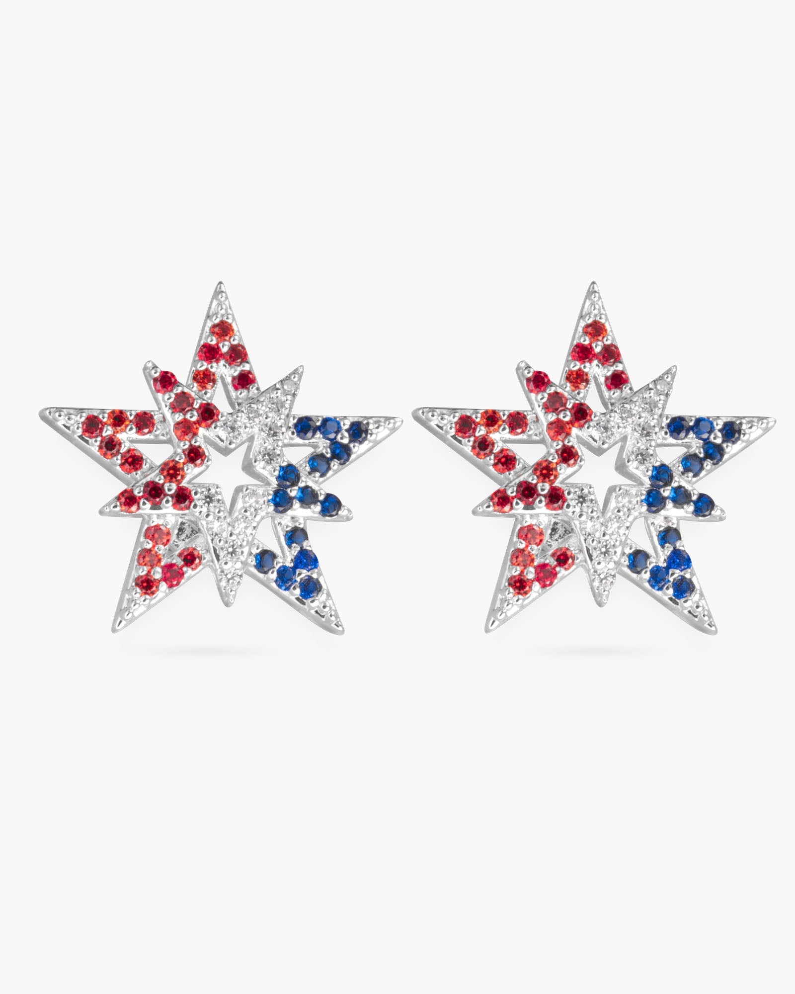 Silver Red White Blue Crystal Starburst Stud Earrings | 4th of July Jewelry