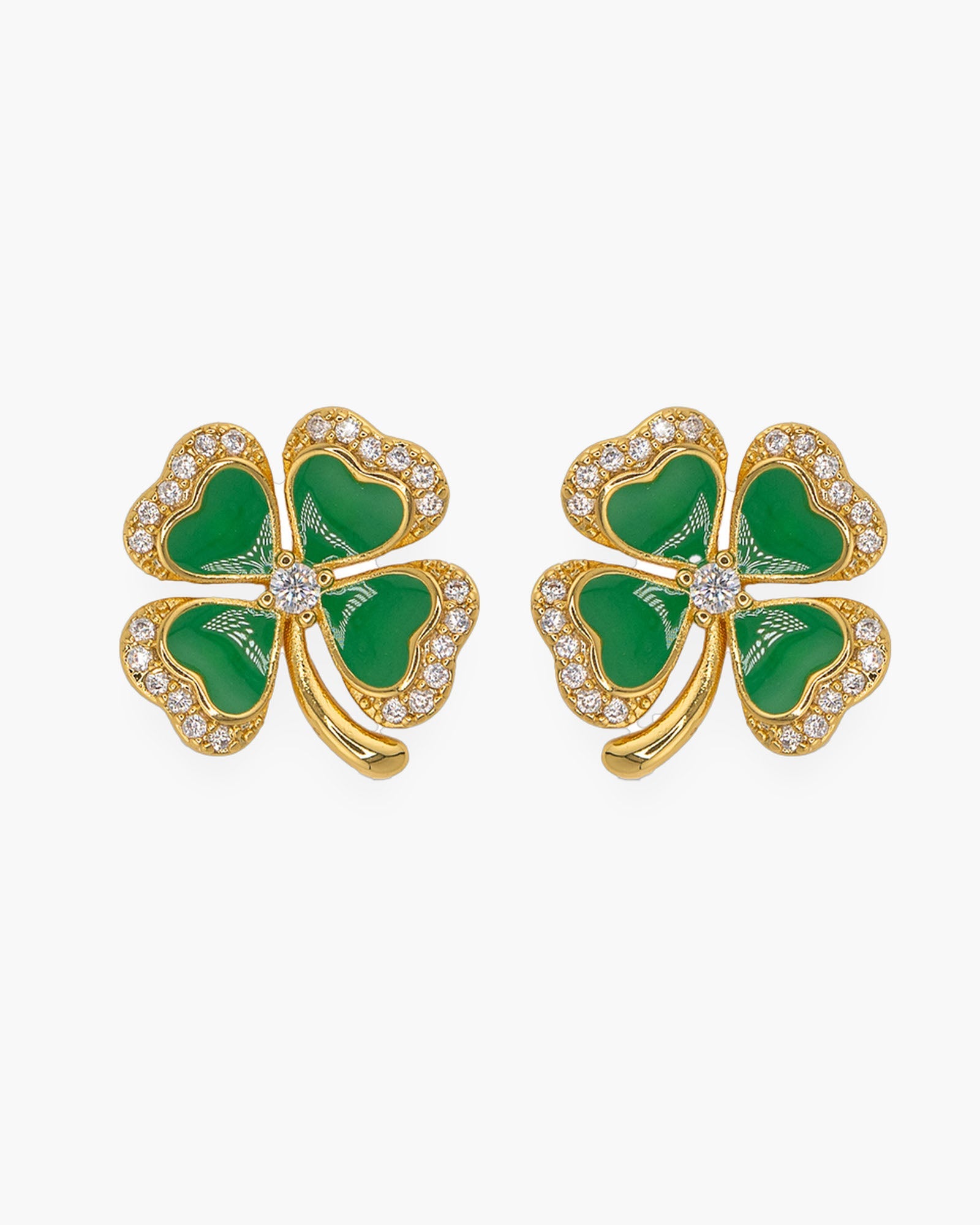 Gold CZ & Enamel 4 Leaf Clover Earrings