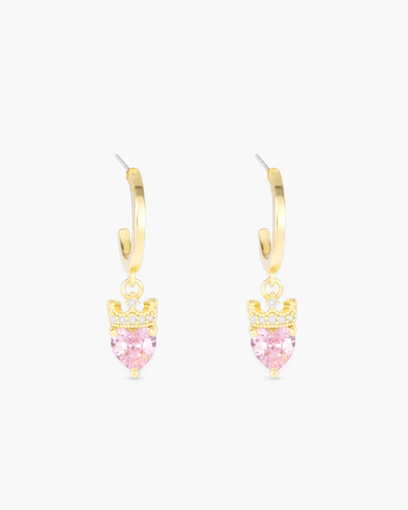 Gold CZ Pink Heart with Crown Huggie Hoop Earrings