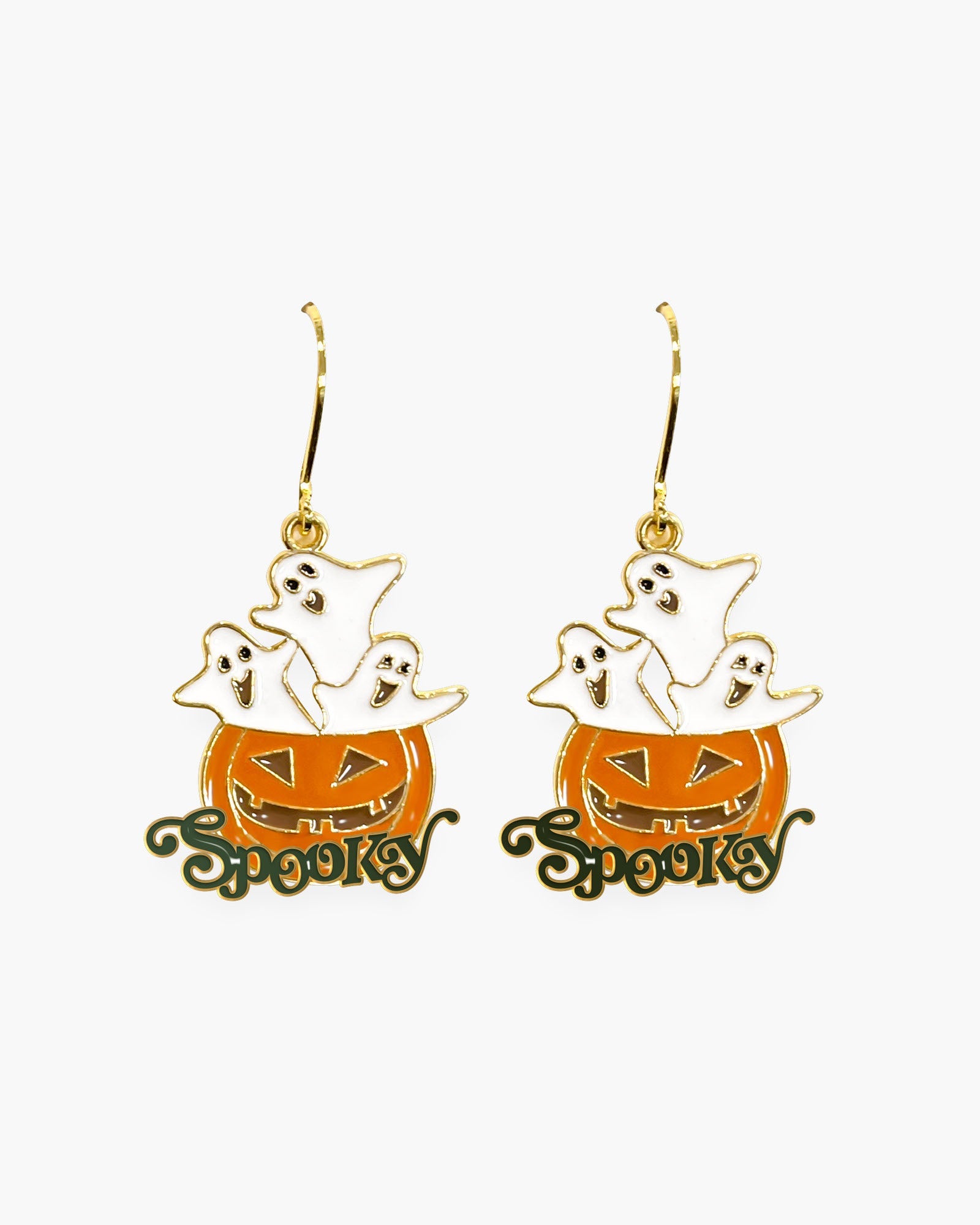 Gold Enamel Spooky Ghost Pumpkin Earrings