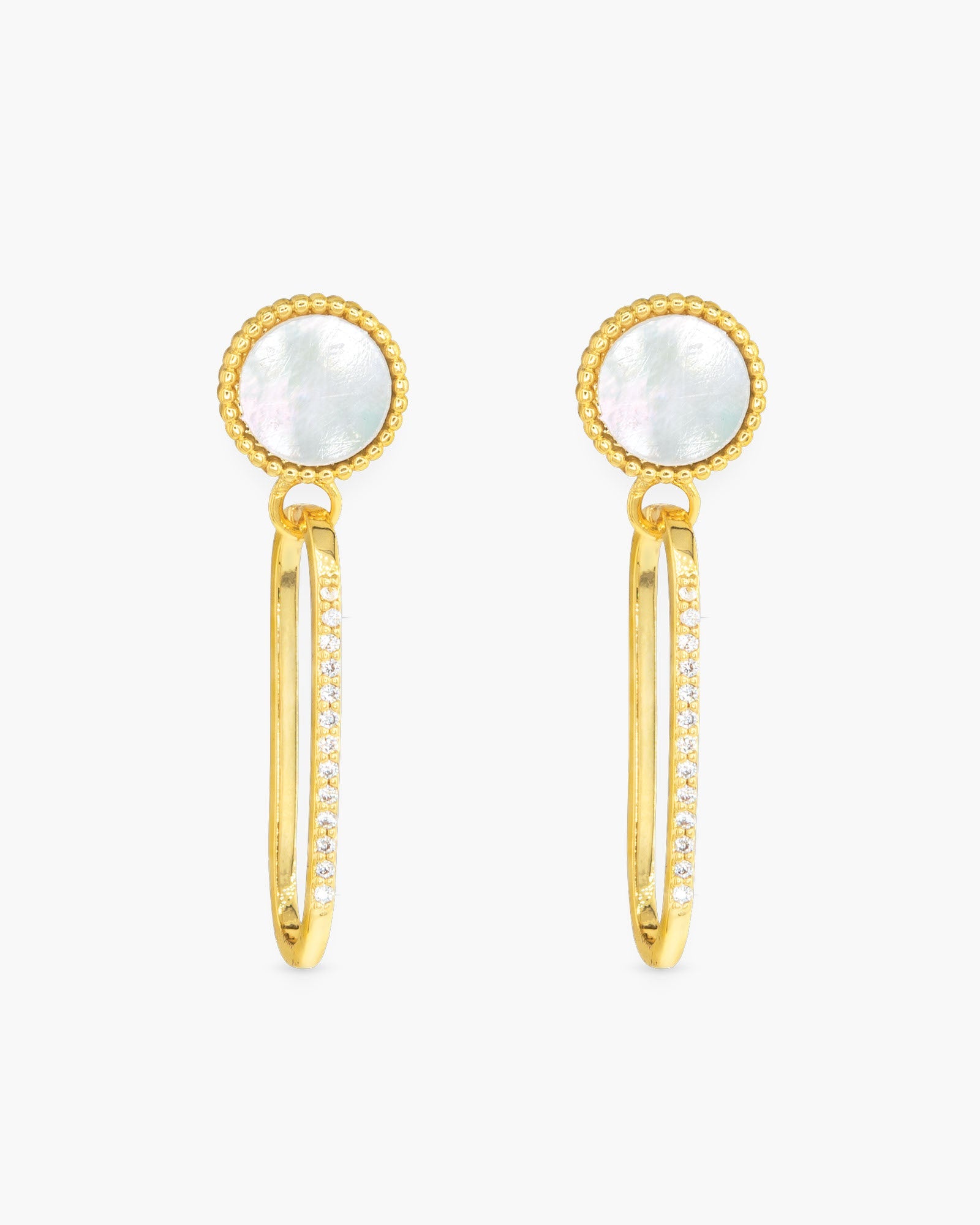 Gold CZ & MOP Disk Drop Earrings