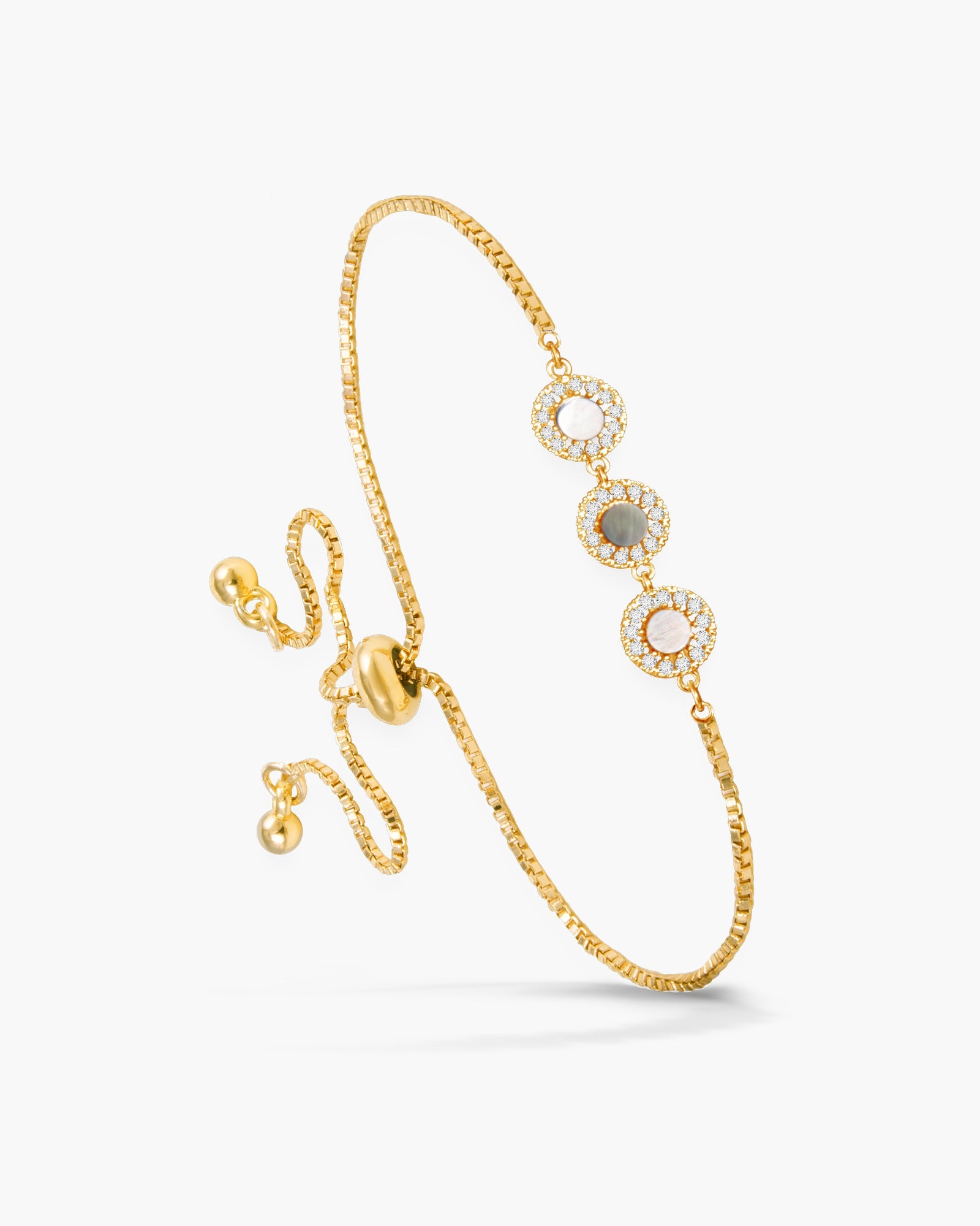 CZ and Mother of Pearl Triple Circle Pull-Cord Bracelet - Gold