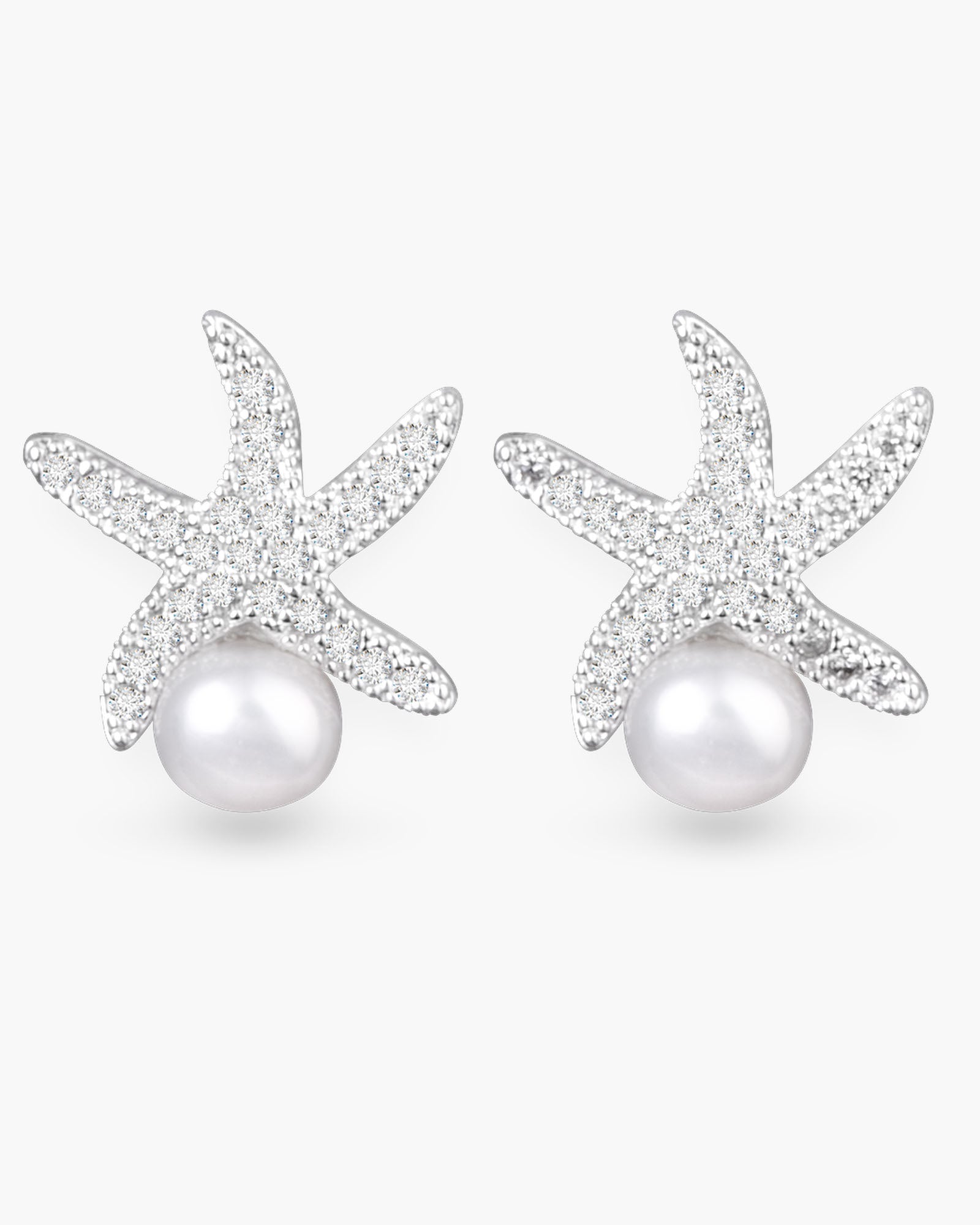 CZ Starfish and Pearl Stud Earrings - Silver