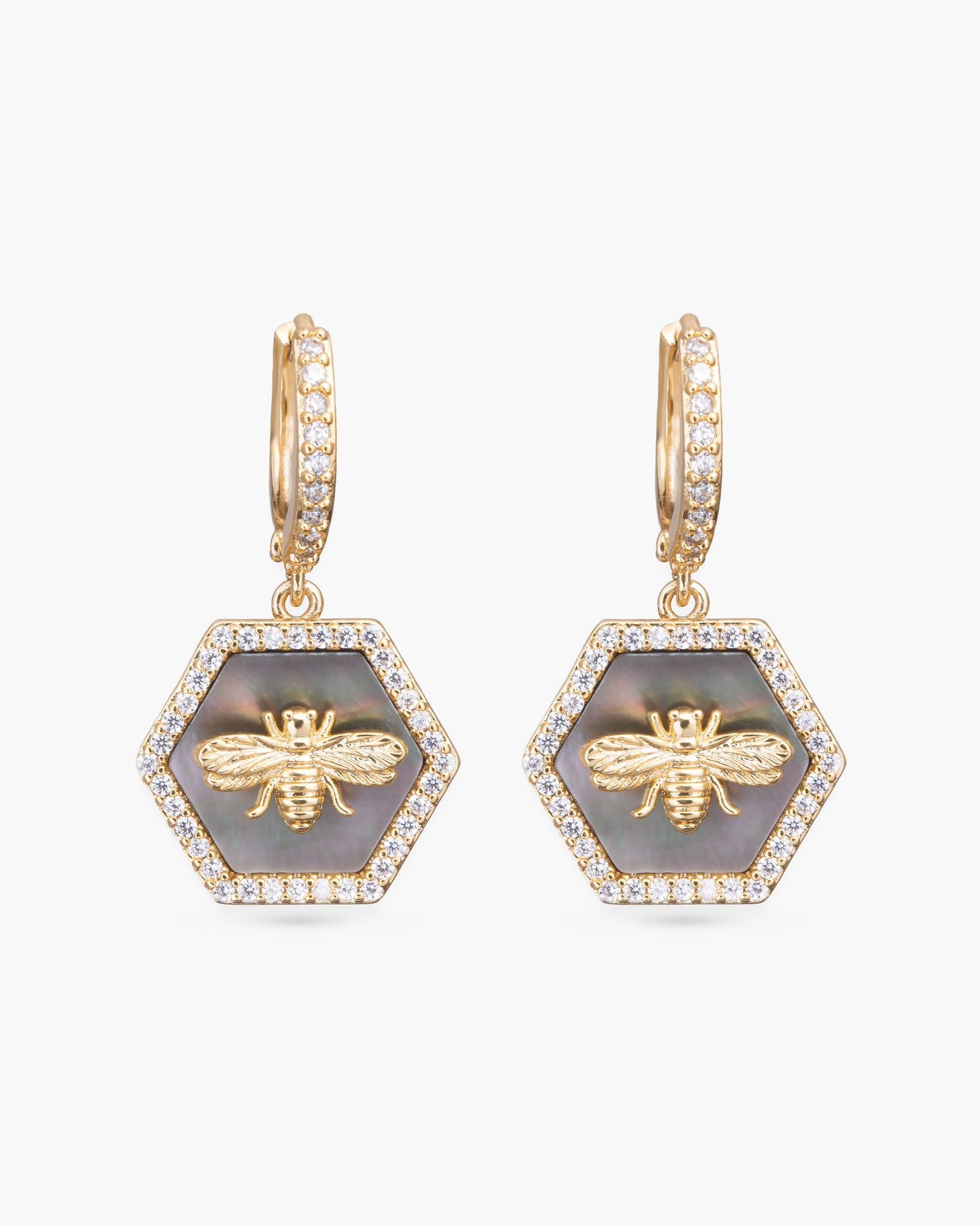 Hexagon Grey Mother of Pearl and CZ with Bee Earrings - Gold