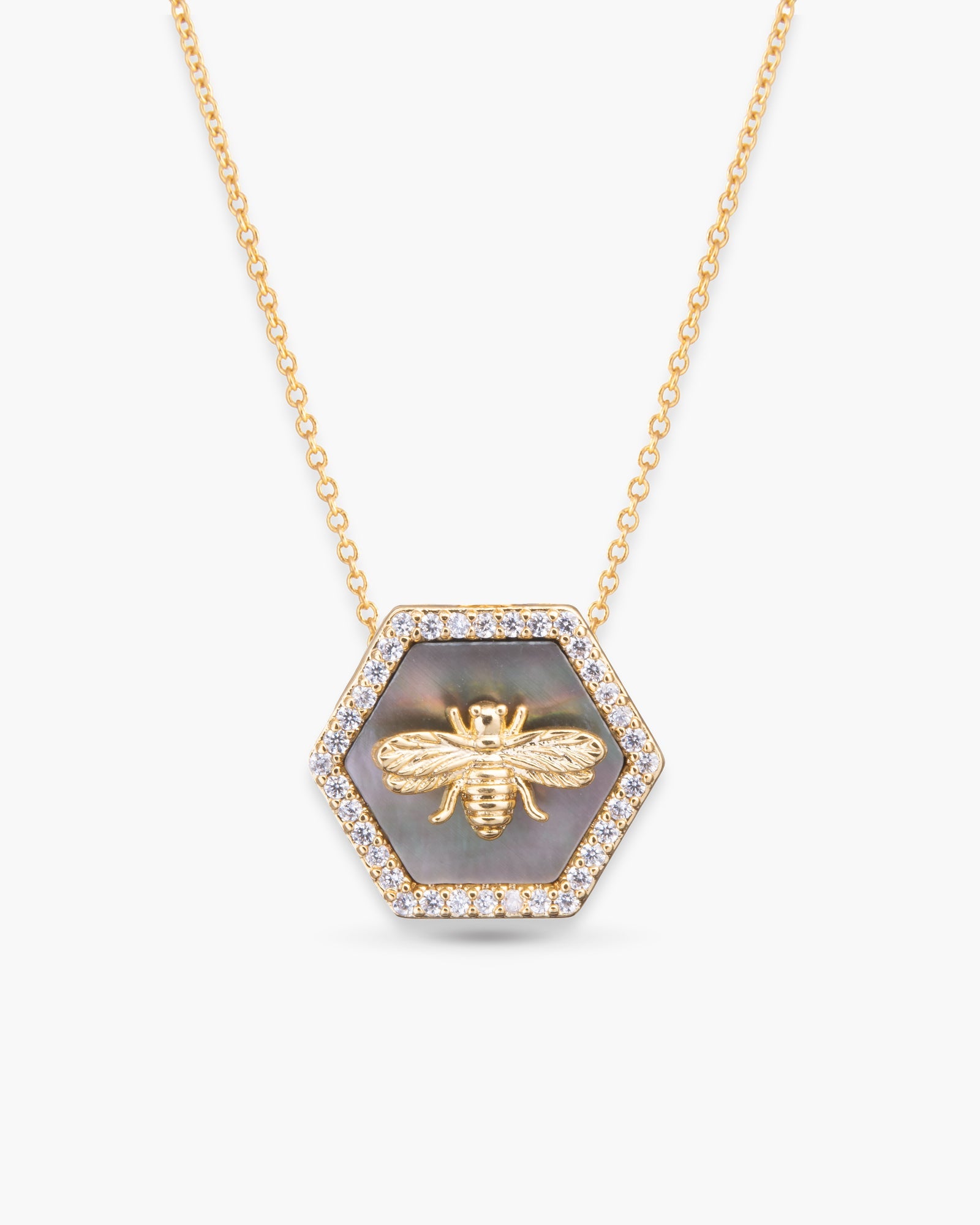 Hexagon Grey Mother of Pearl and CZ with Bee Necklace - Gold
