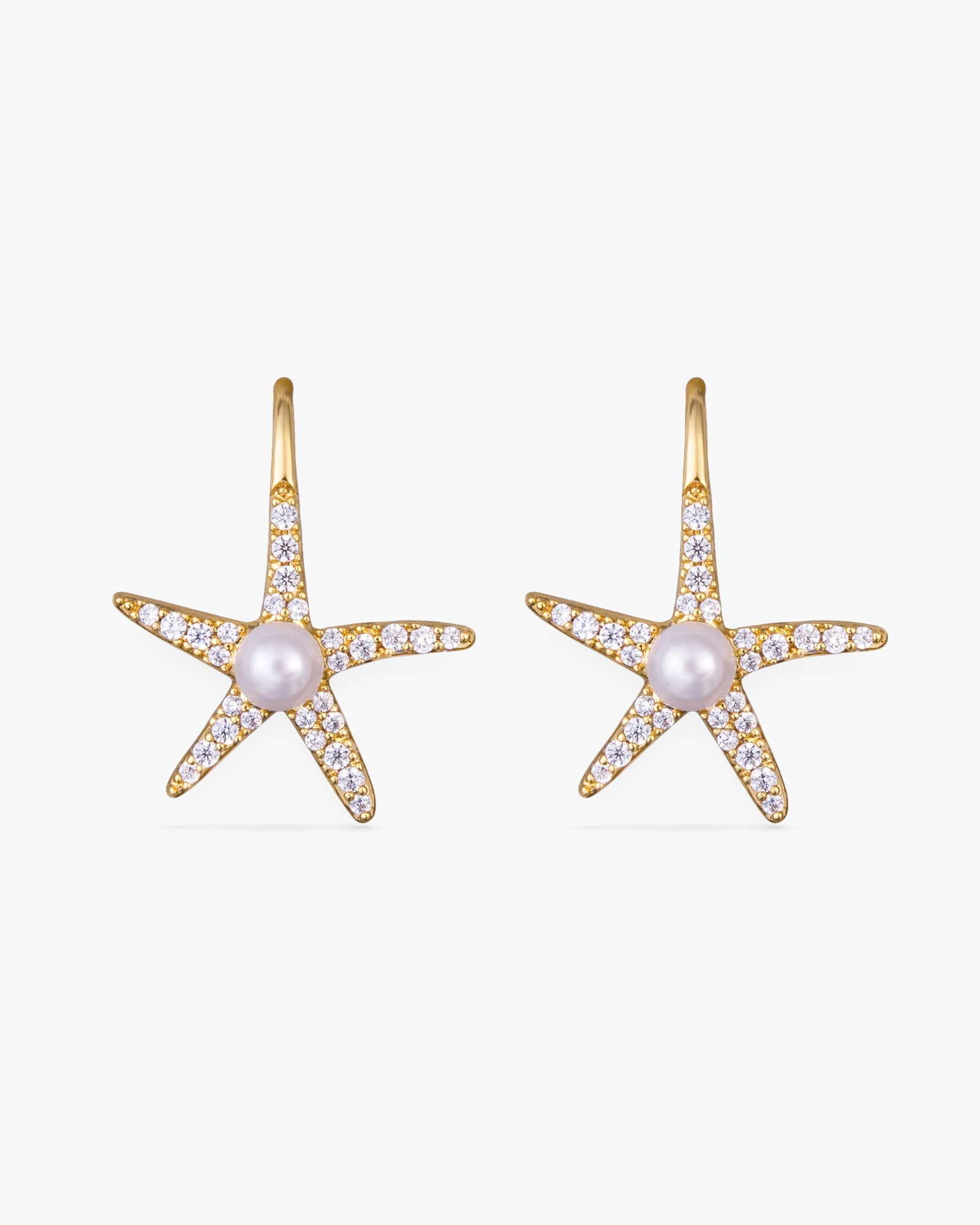 CZ and Center Pearl Starfish Earrings - Gold