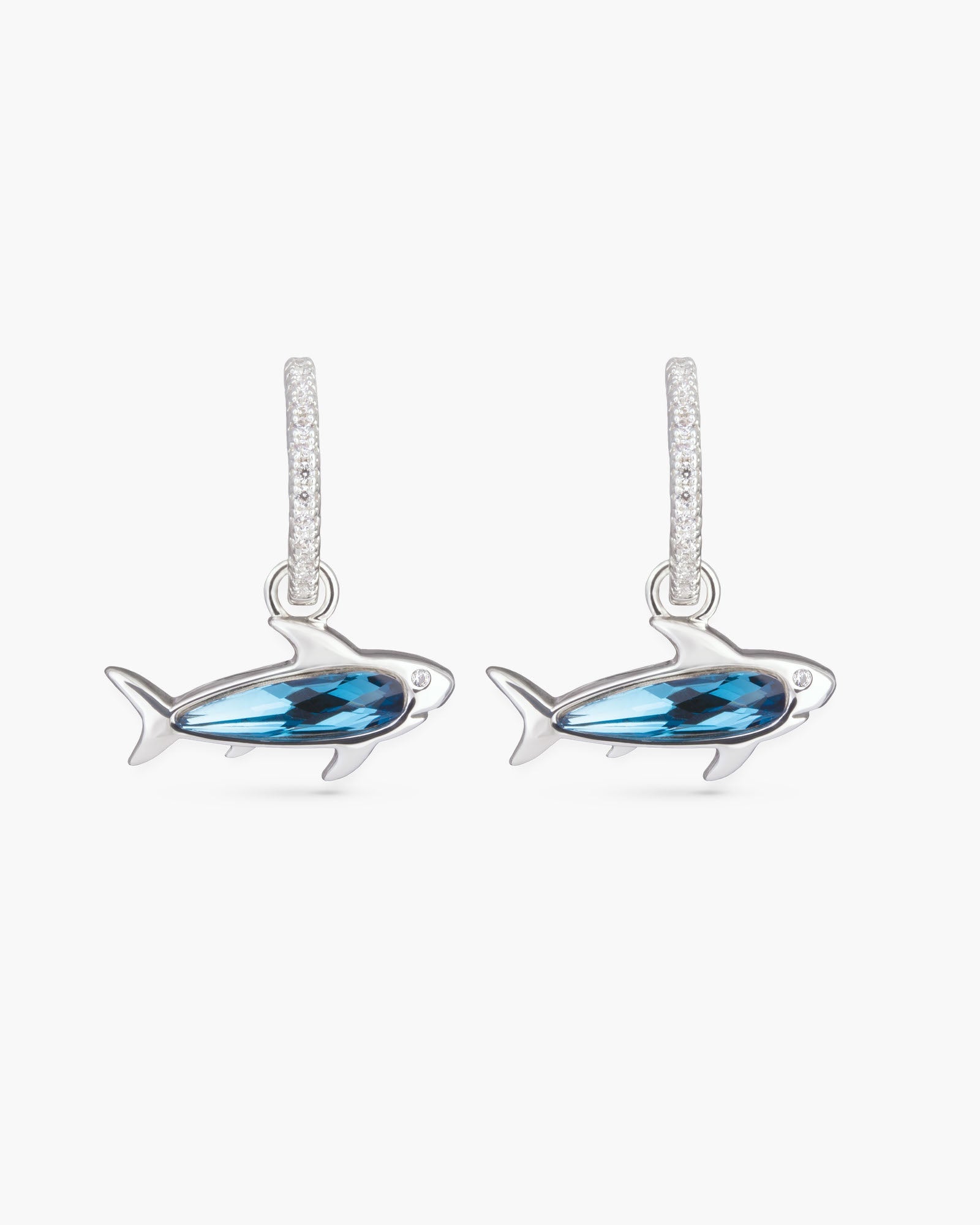 Blue CZ Shark Earrings - Silver