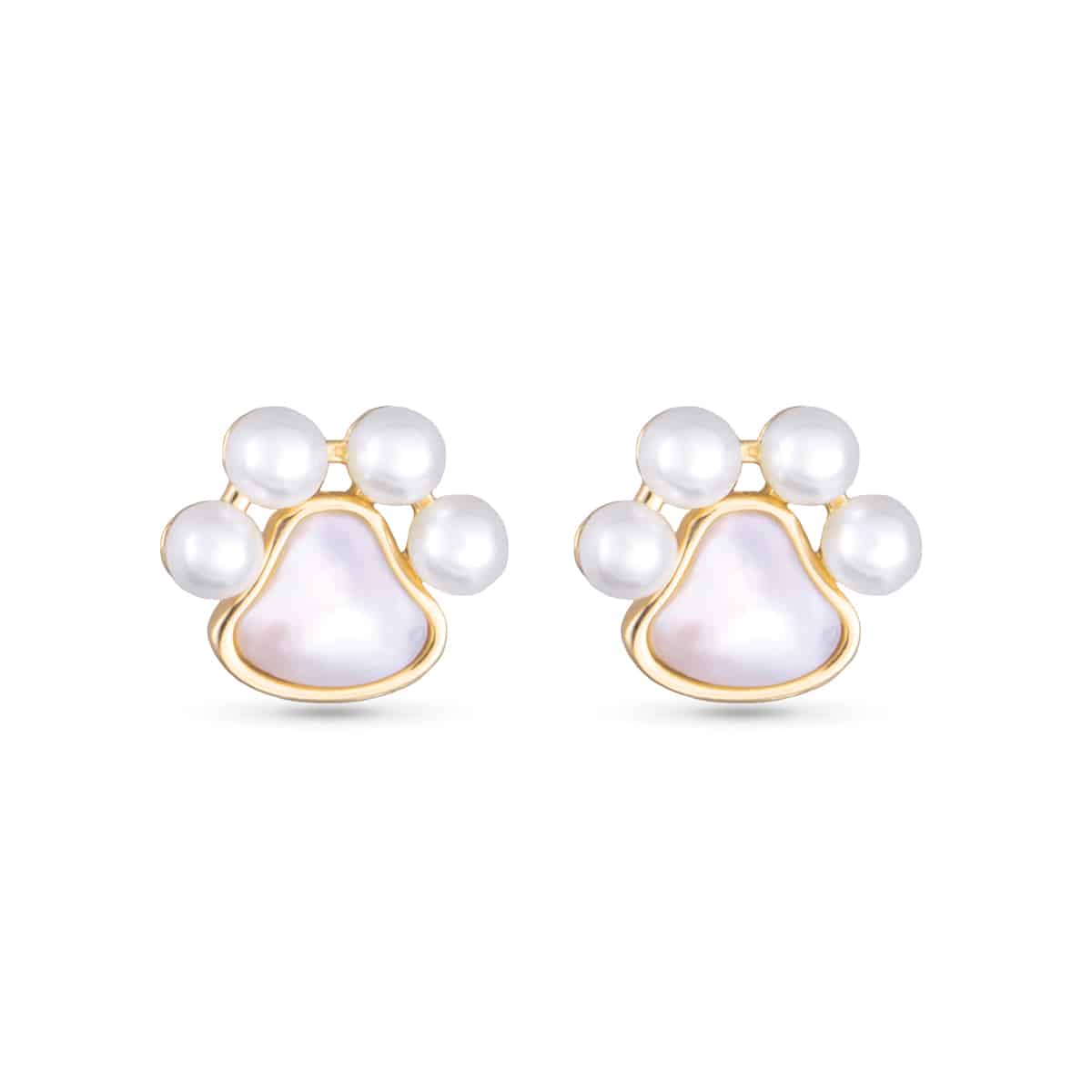 Mother of Pearl and Pearl Paw Print Stud Earrings - Gold
