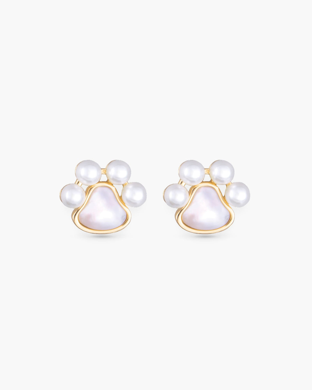 Mother of Pearl and Pearl Paw Print Stud Earrings - Gold