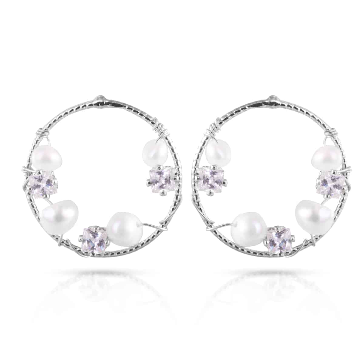 Wrapped Pearl Flat Hoop Earrings - Silver Multi