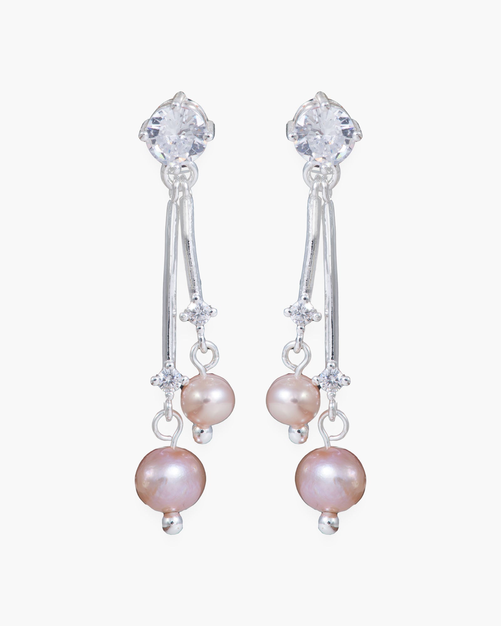 Double Pearl Crystal Drop Earrings - Silver