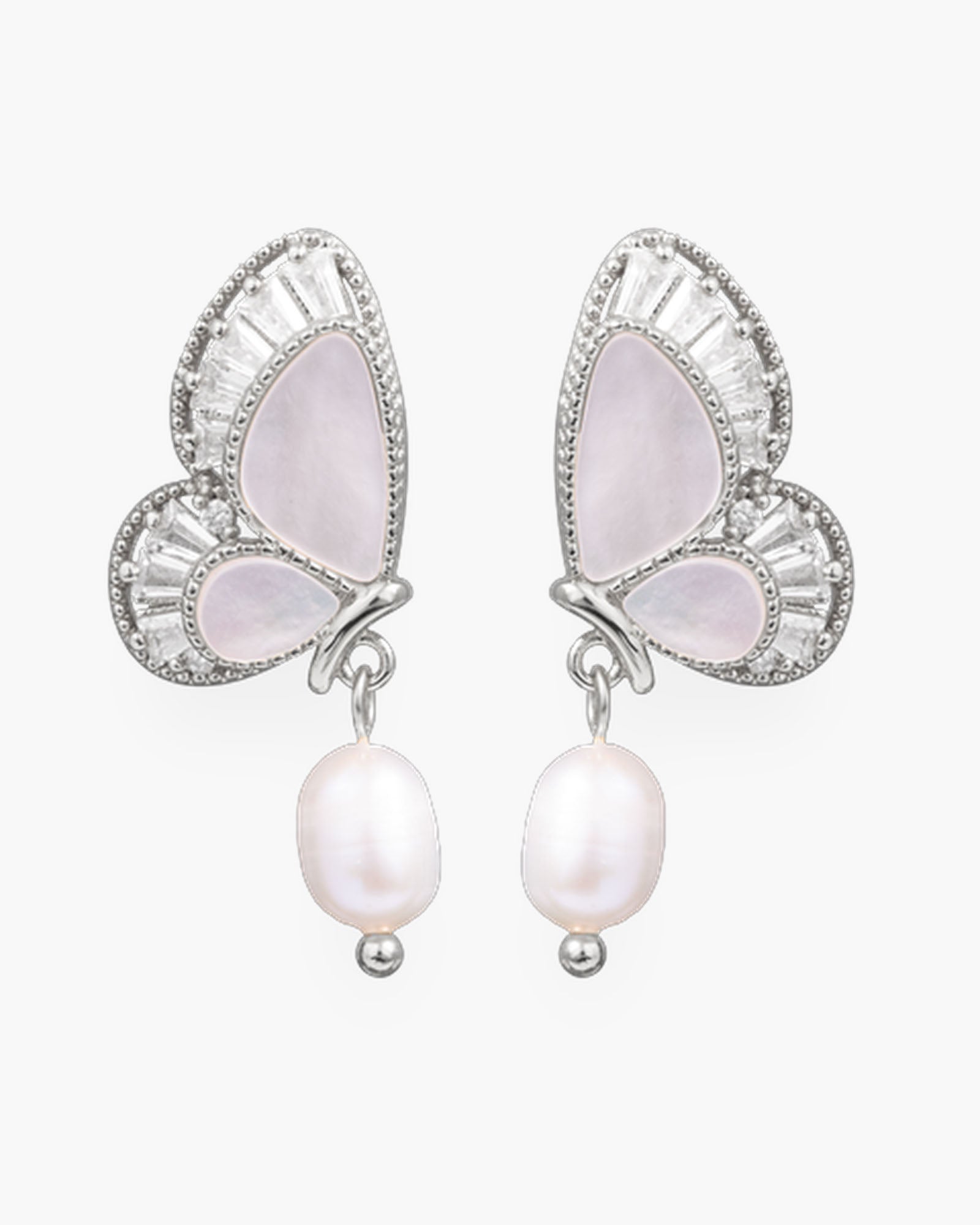 Fancy CZ Pearl MOP Bufferfly Earrings - Silver