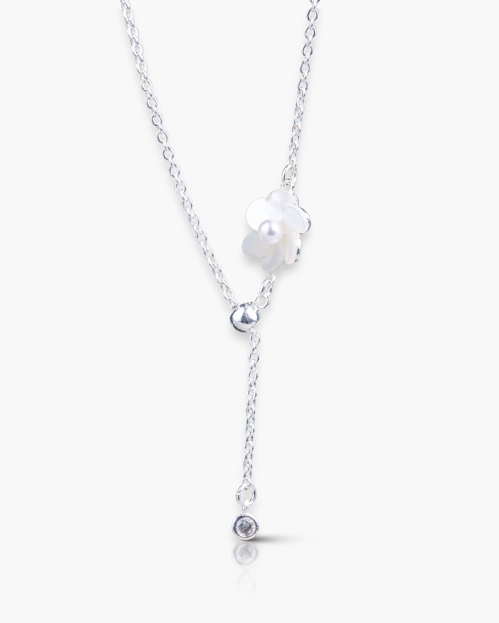 Fan Flower CZ/Mother of Pearl Necklace - Silver