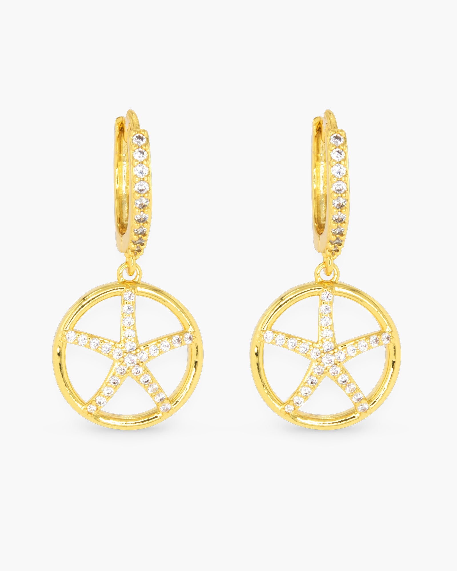 Gold CZ Starfish Disk Hoop Earrings
