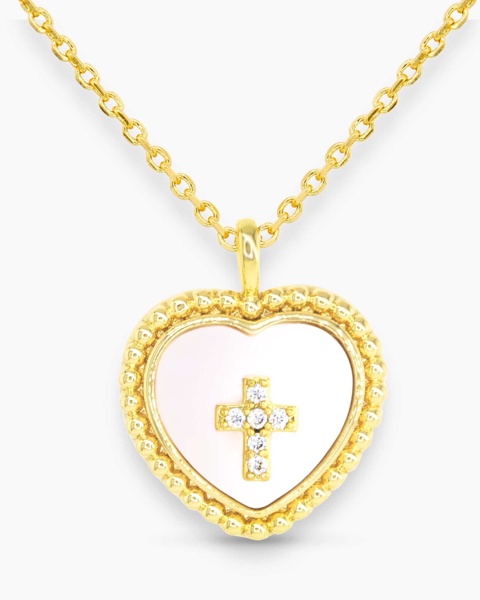 Gold CZ & MOP Heart Cross Necklace