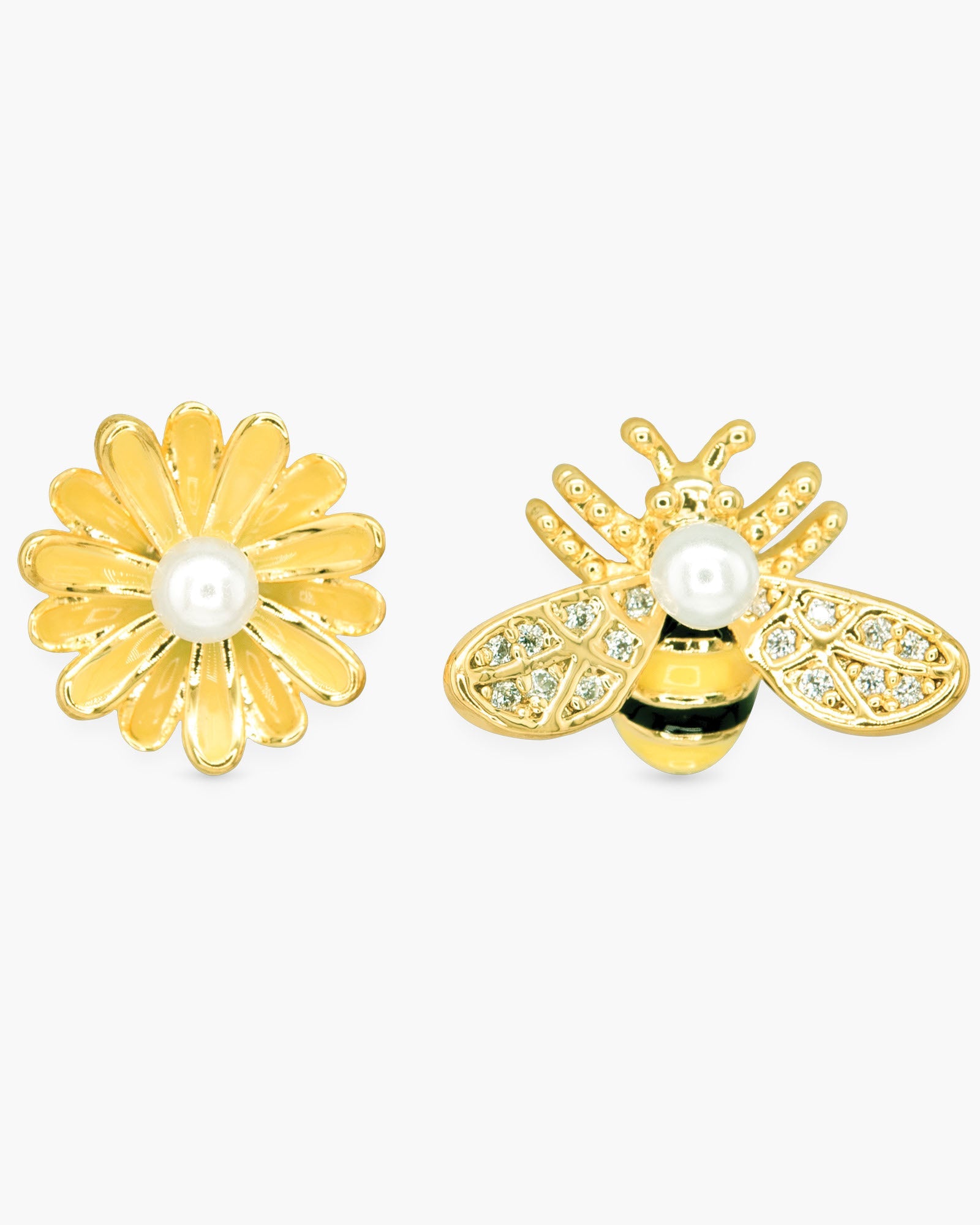 Gold Pearl Flower and Bee Duo Earrings