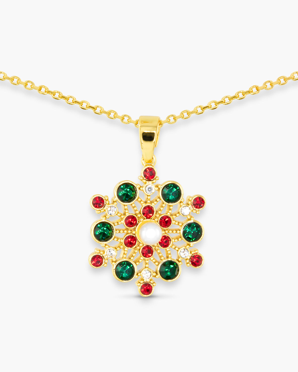 Gold CZ Red and Green Snowflake Necklace