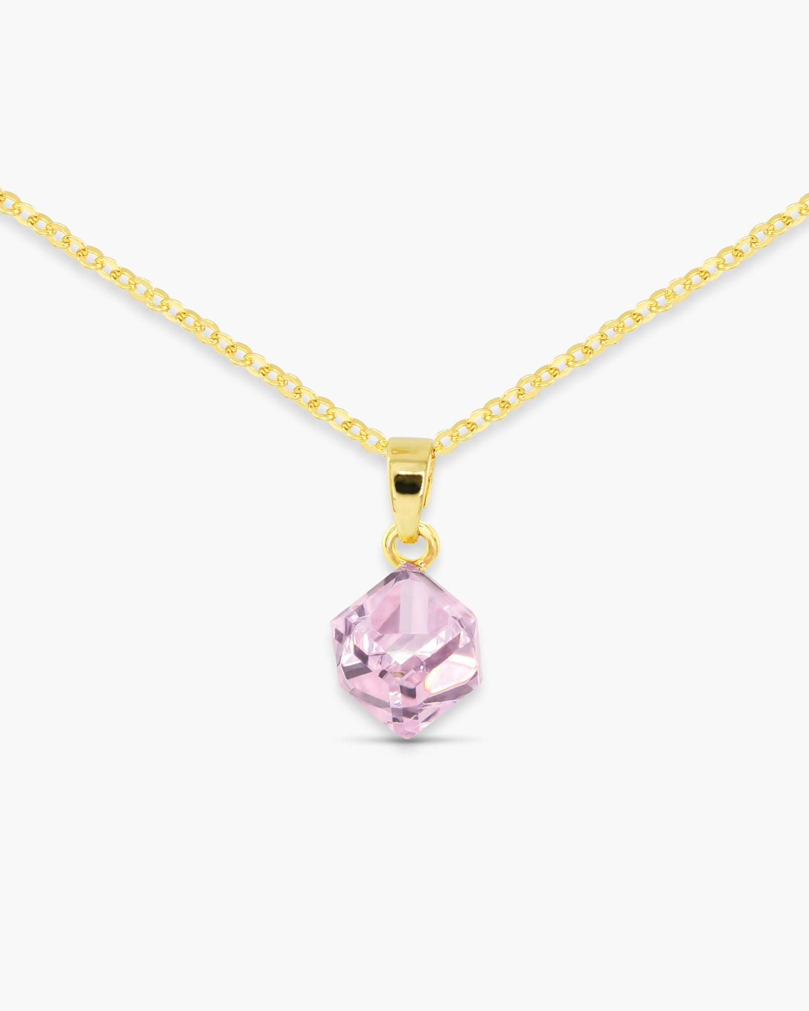 Gold CZ Pink Cube Necklace