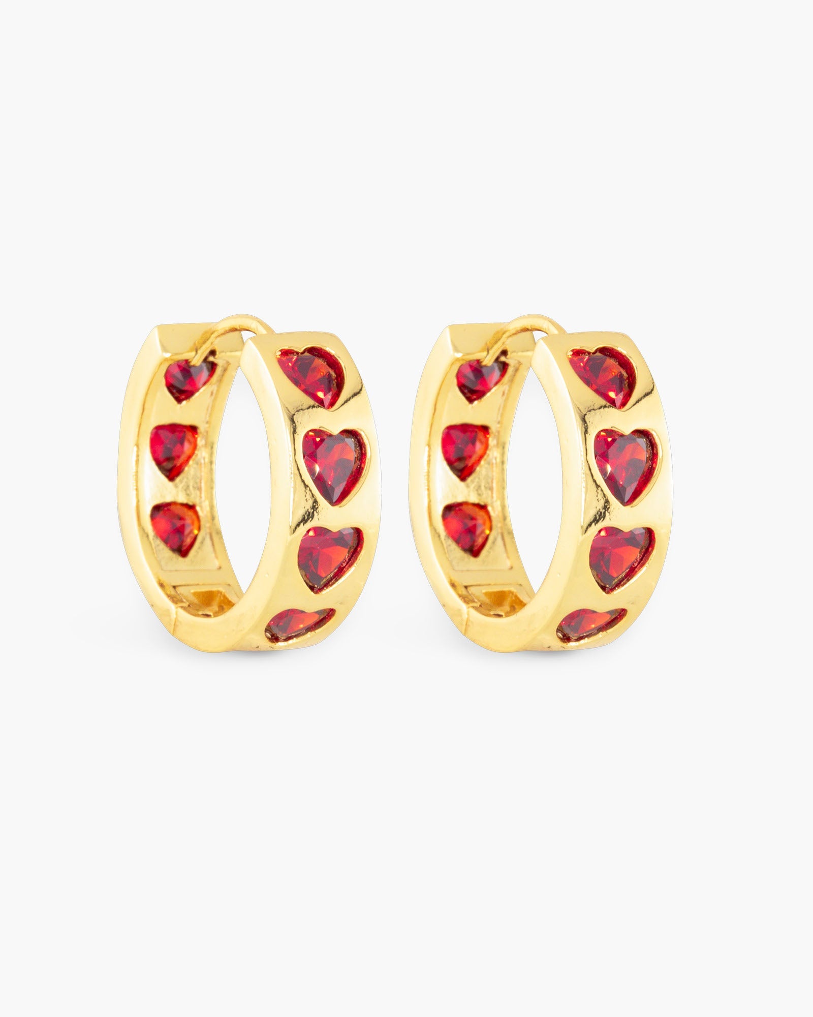 Gold CZ Red Heart Hoop Earring