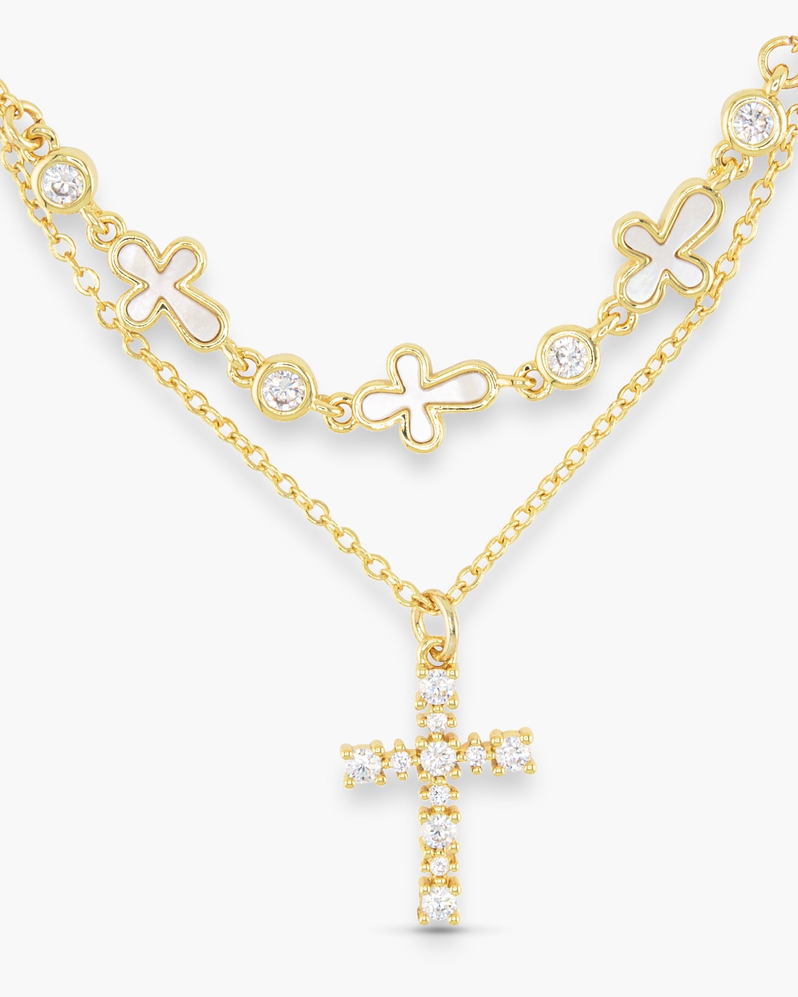 Gold CZ & MOP Dual Crosses Necklace