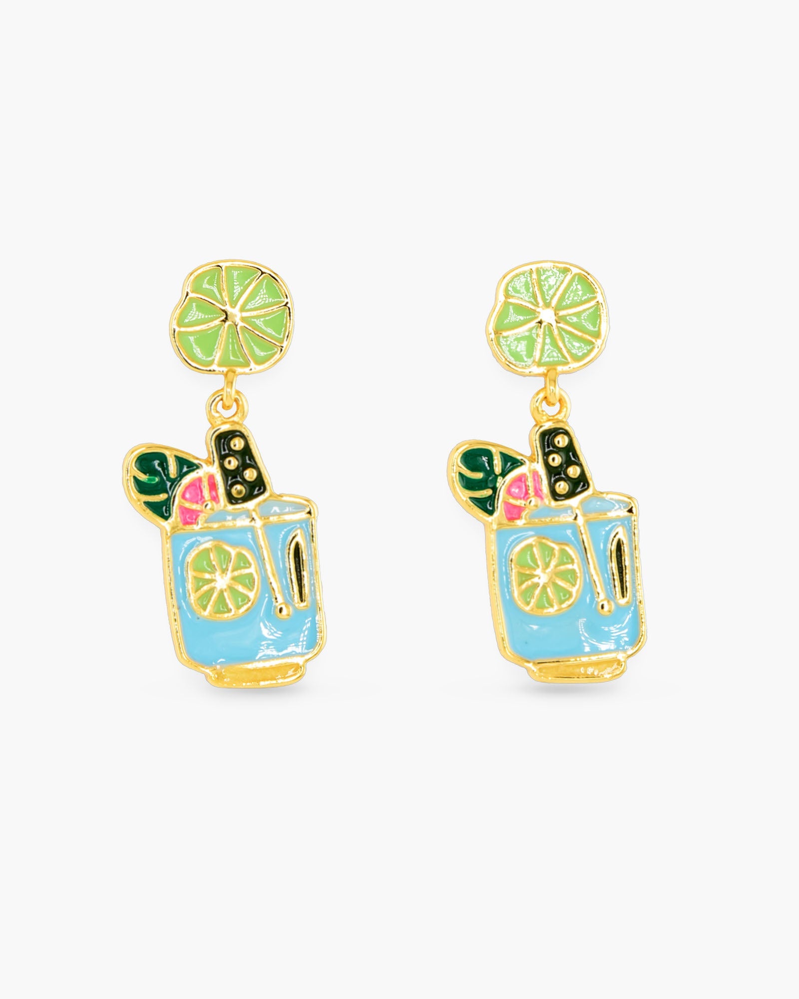 Gold Enamel Blue Cocktail Earrings