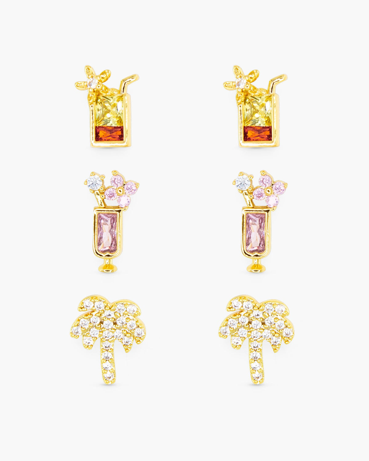 Gold CZ Tropical Trio Earrings