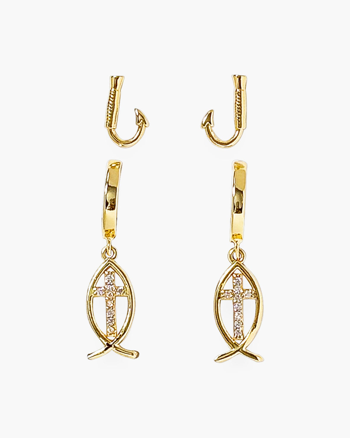 Gold CZ Cross and Fishhook Duo Earrings