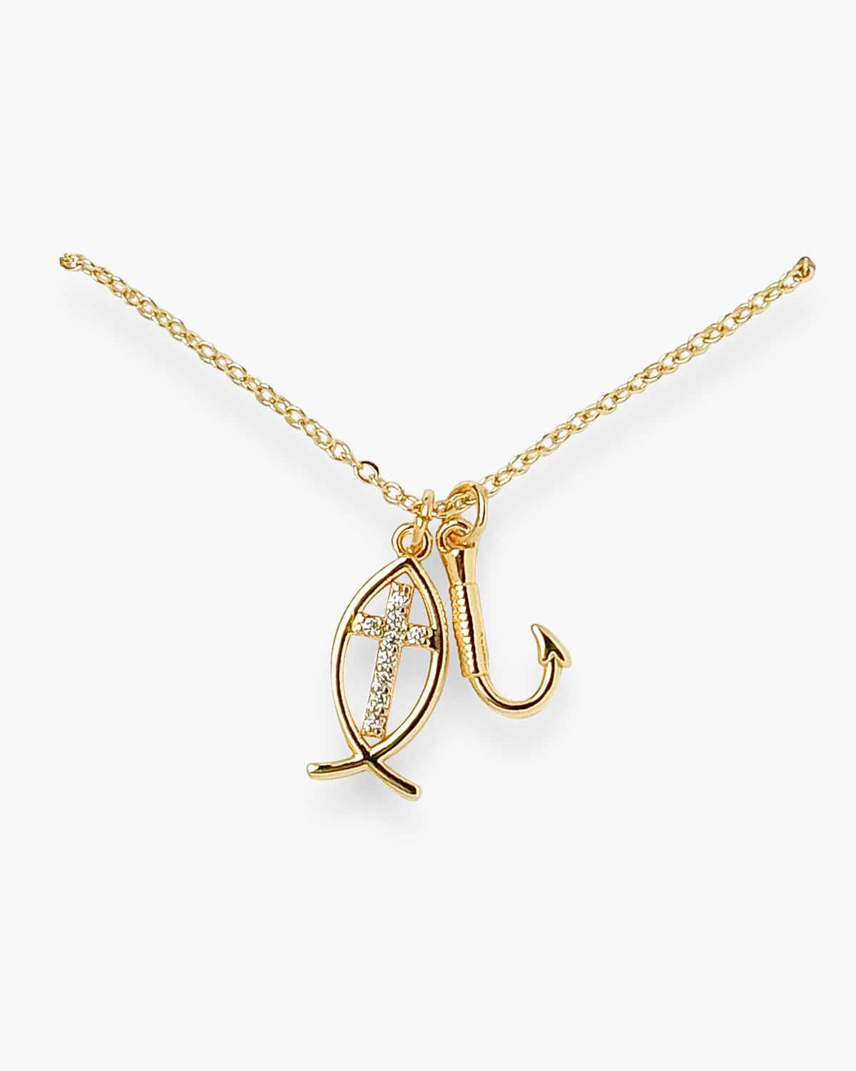 Gold CZ Cross and Fishhook Duo Necklace