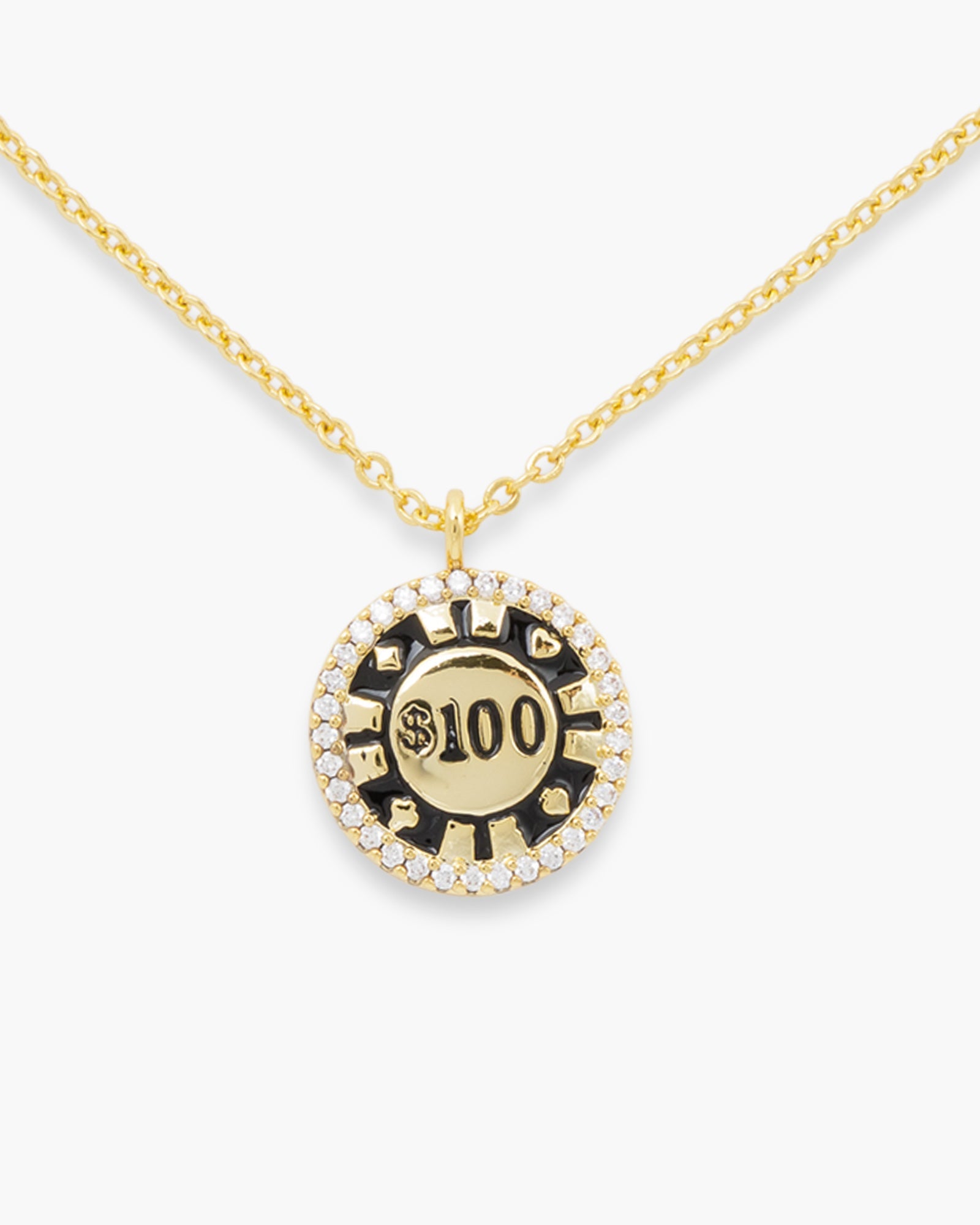 Gold CZ $100 Poker Chip Necklace