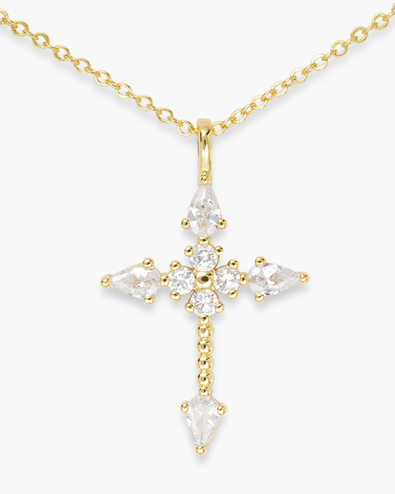 Gold CZ Pear Shape Stone Cross Necklace
