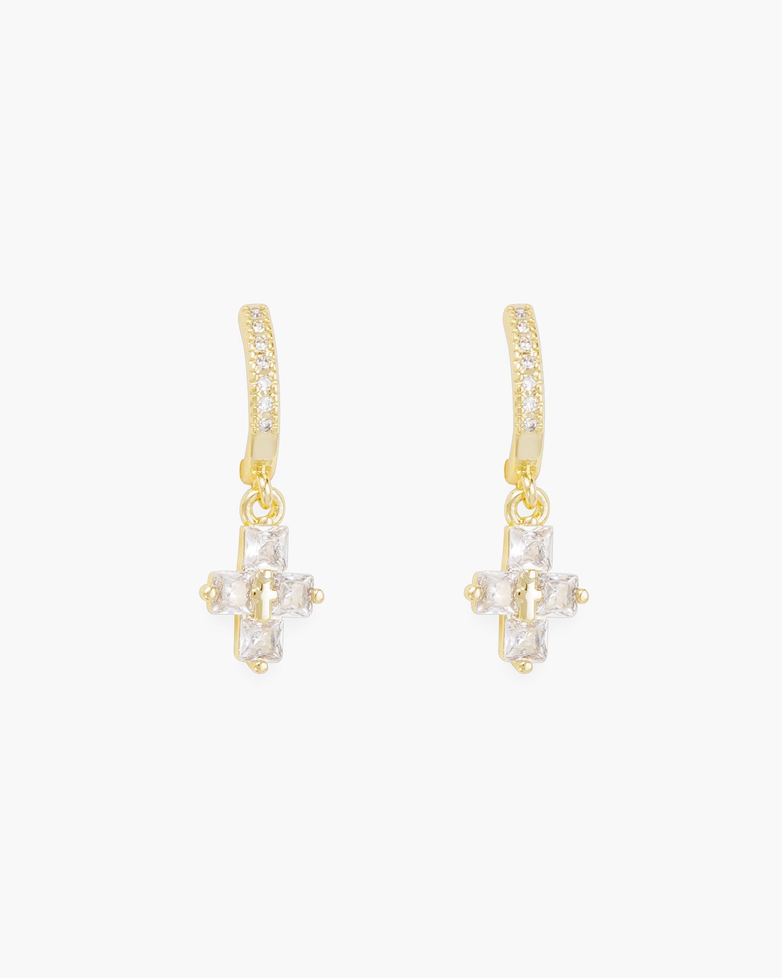 Gold CZ Hoop Small Baguette Cross Drop Earrings