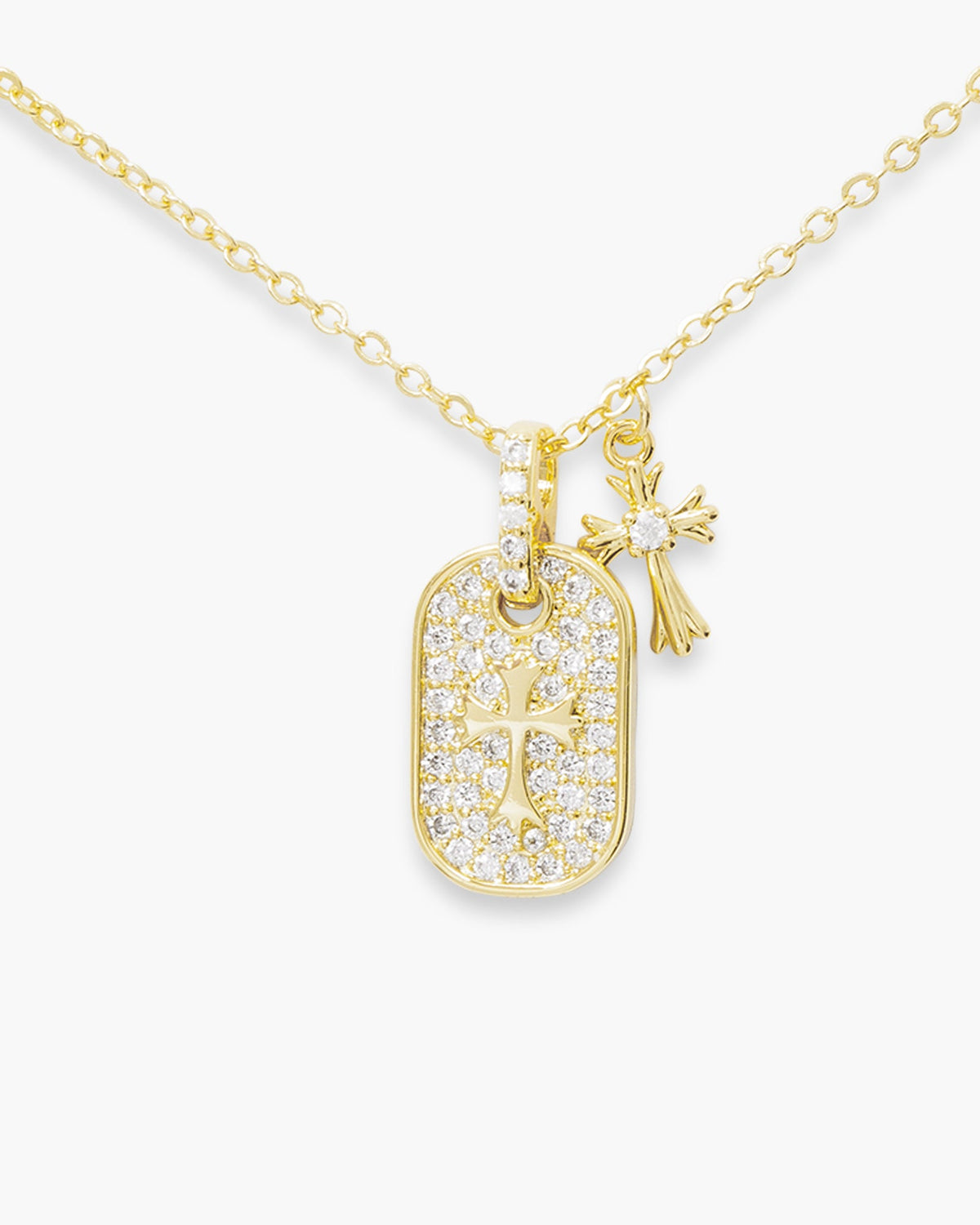 Gold CZ Double Pave Pendant Classic Cross and Mini Cross Necklace