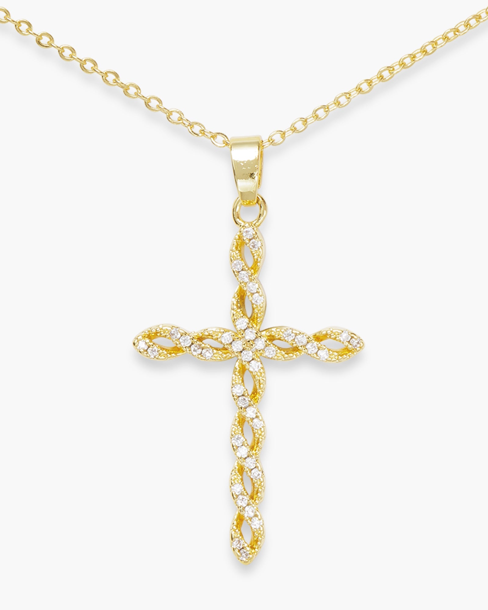 Gold CZ Twist Large Cross Necklace
