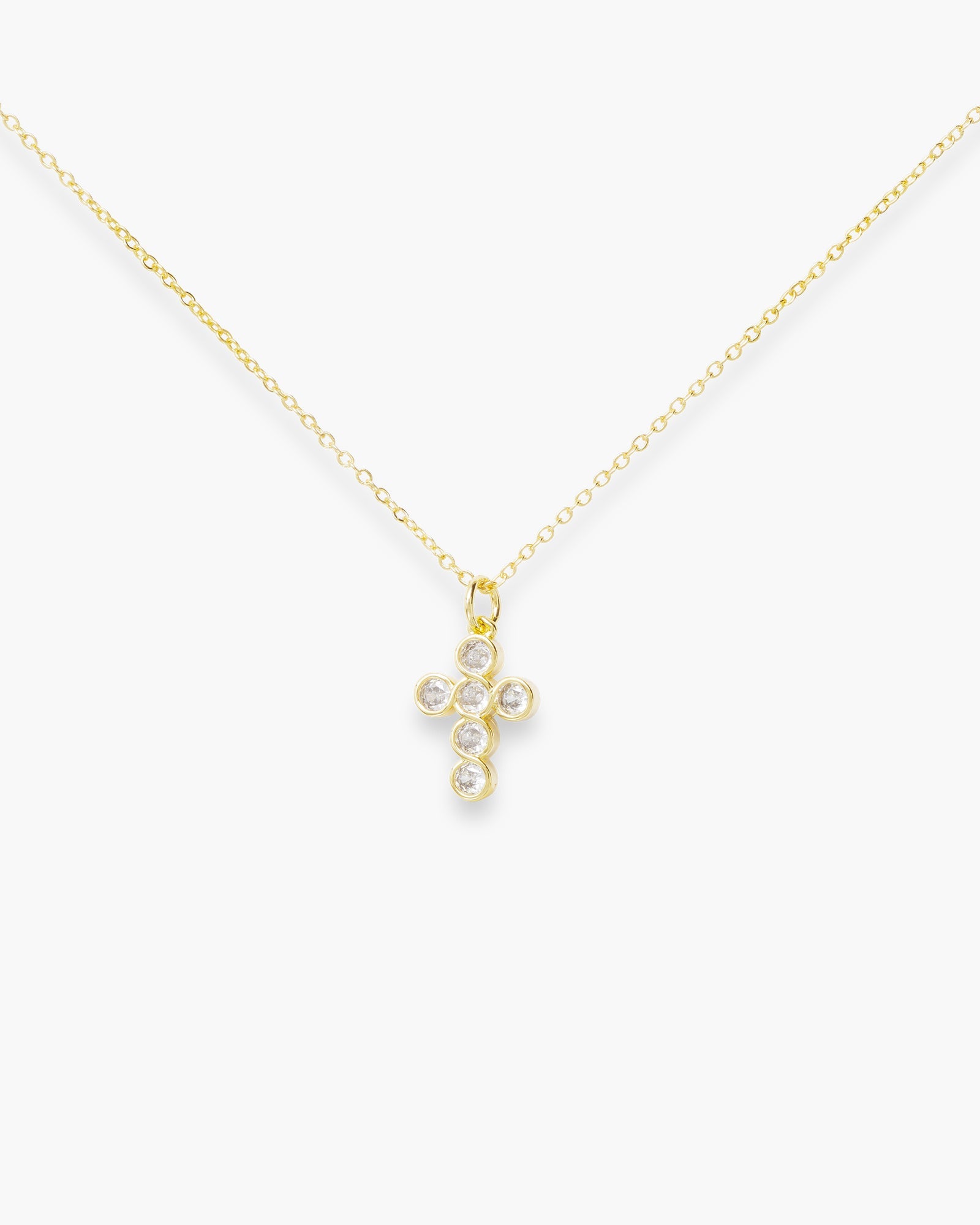 Gold CZ Small Round Set Cross Necklace
