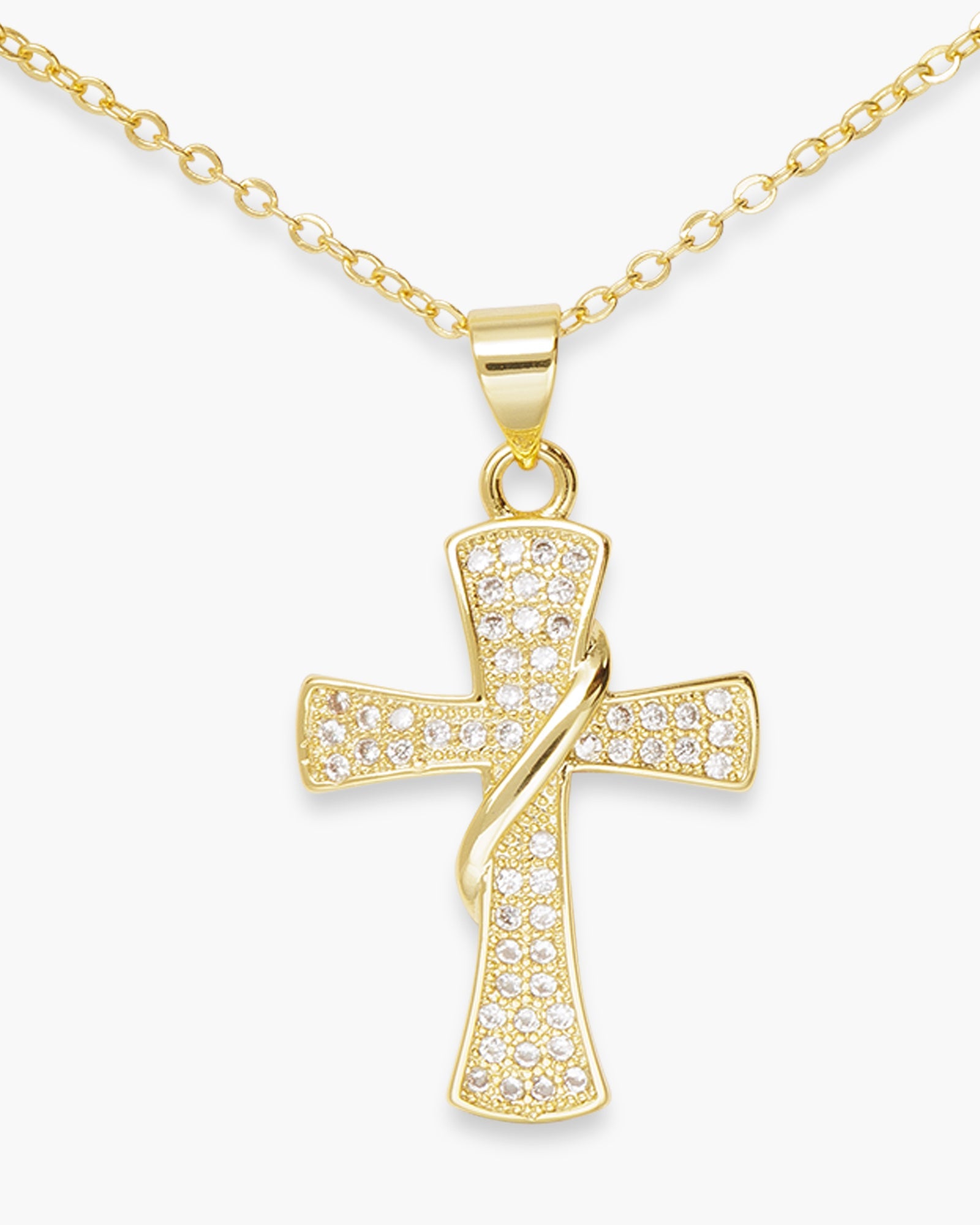 Gold CZ Classic Banner Cross Necklace